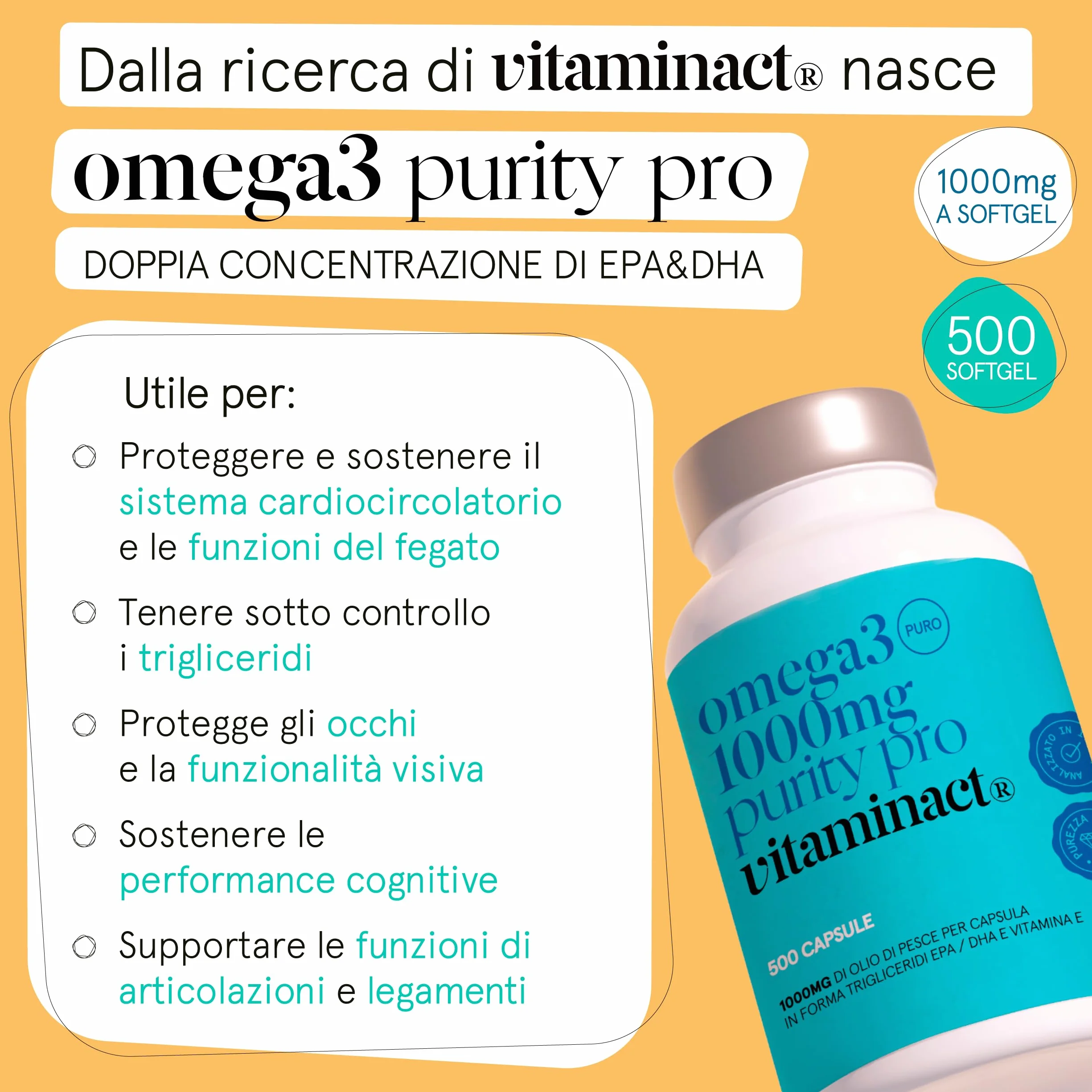 Omega 3 Capsule 1000mg Olio di Pesce Purissimo 1200mg EPA DHA Vitamina E Senza Ritorno Gusto