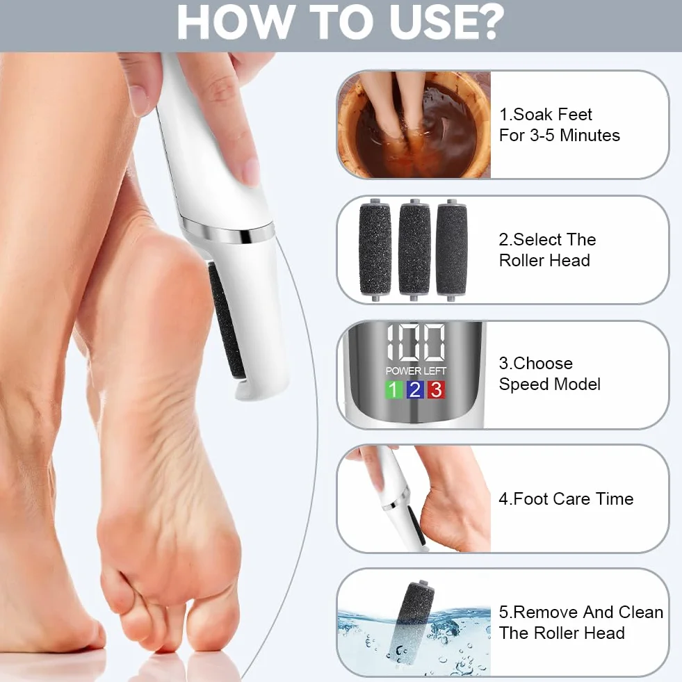 AOOWU Pedicure Elettrico Professionale 17 Pezzi Kit Rimozione Calli con 3 Rulli 3 Velocità Impermeabile LED