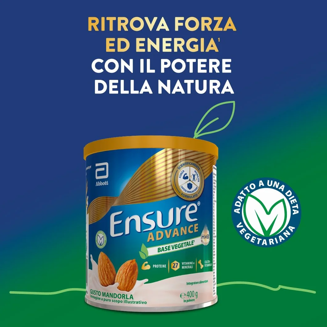 Integratore in polvere Proteine Vegetali 27 Vitamine Minerali Calcio HMB 400g Gusto Mandorla
