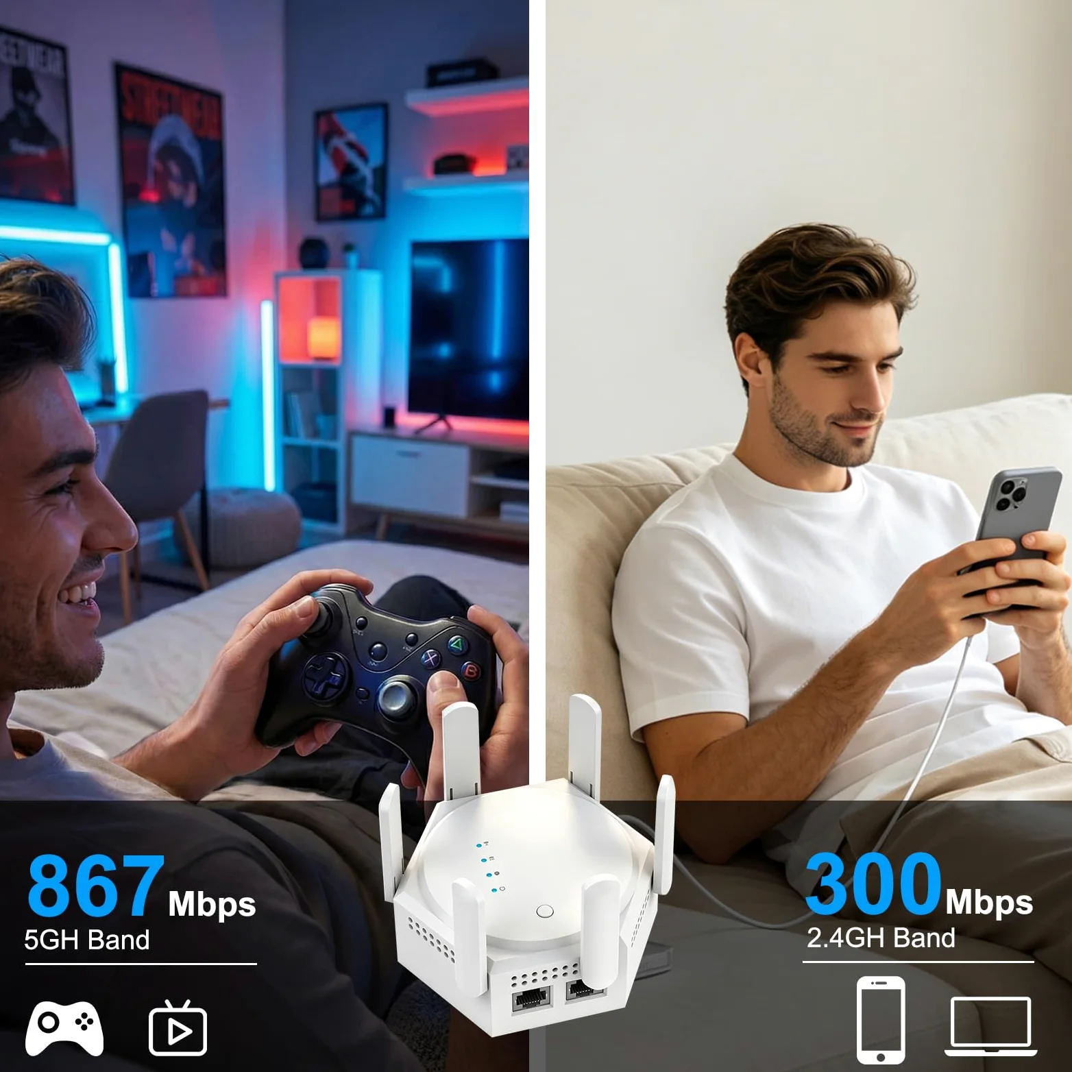 OBEST Ripetitore di Segnale WiFi, 1200 Mbit/s Dual-band con 6 Antenne | 5 GHz/2.4 GHz Amplificatore WiFi, LAN Gigabit, Modalità AP, Compatibile con Numerosi Router WiFi, Ideale per Casa e l'ufficio