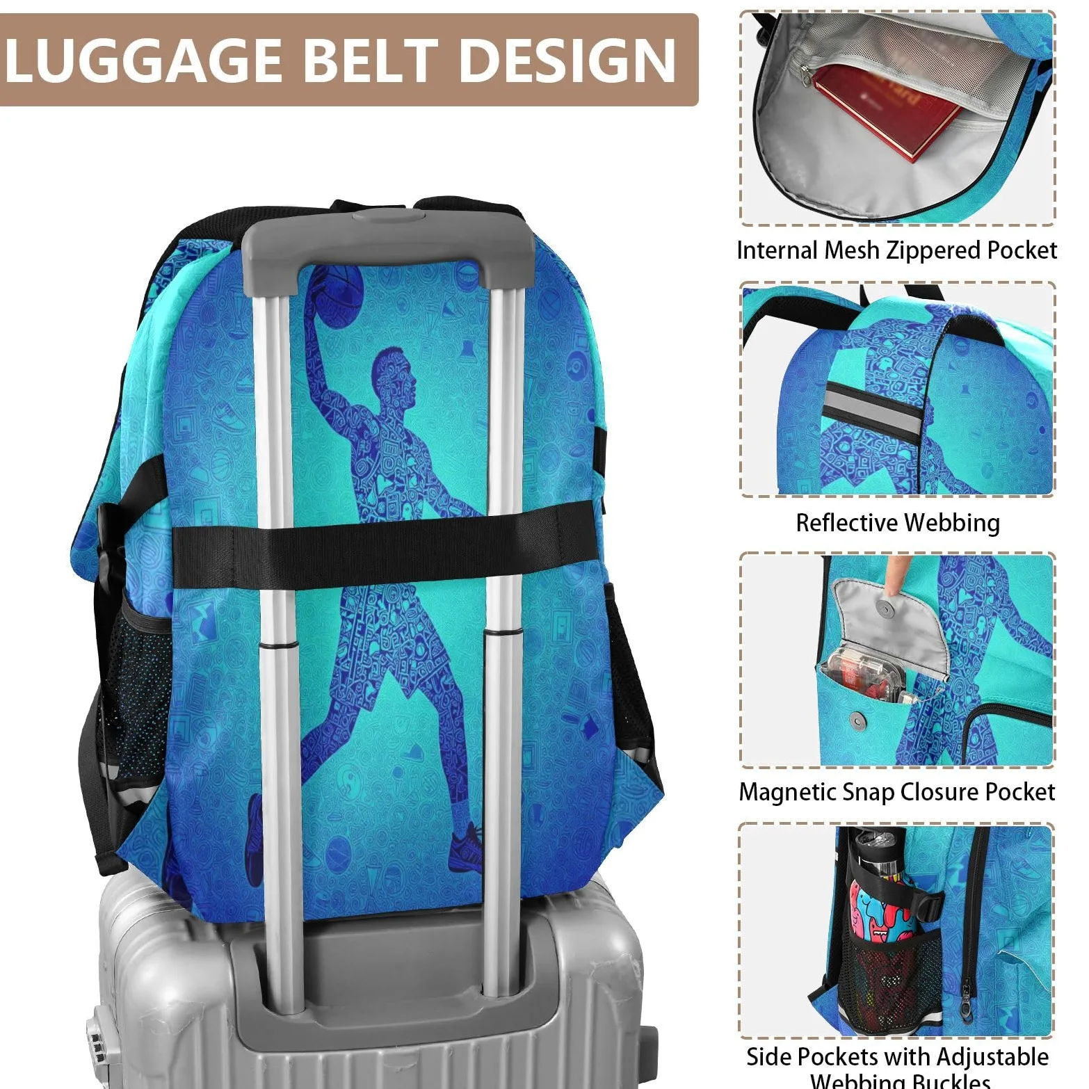 Zaino da viaggio per computer portatile, da basket, per ragazzi e uomini, colore blu, 44,5 cm