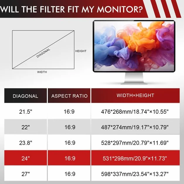 Filtro privacy per monitor da 24 pollici, pellicola protettiva per computer, protezione da sguardi indiscreti, rimovibile, anti luce blu, filtro privacy, protezione antiriflesso, 16:9 (531 x 298