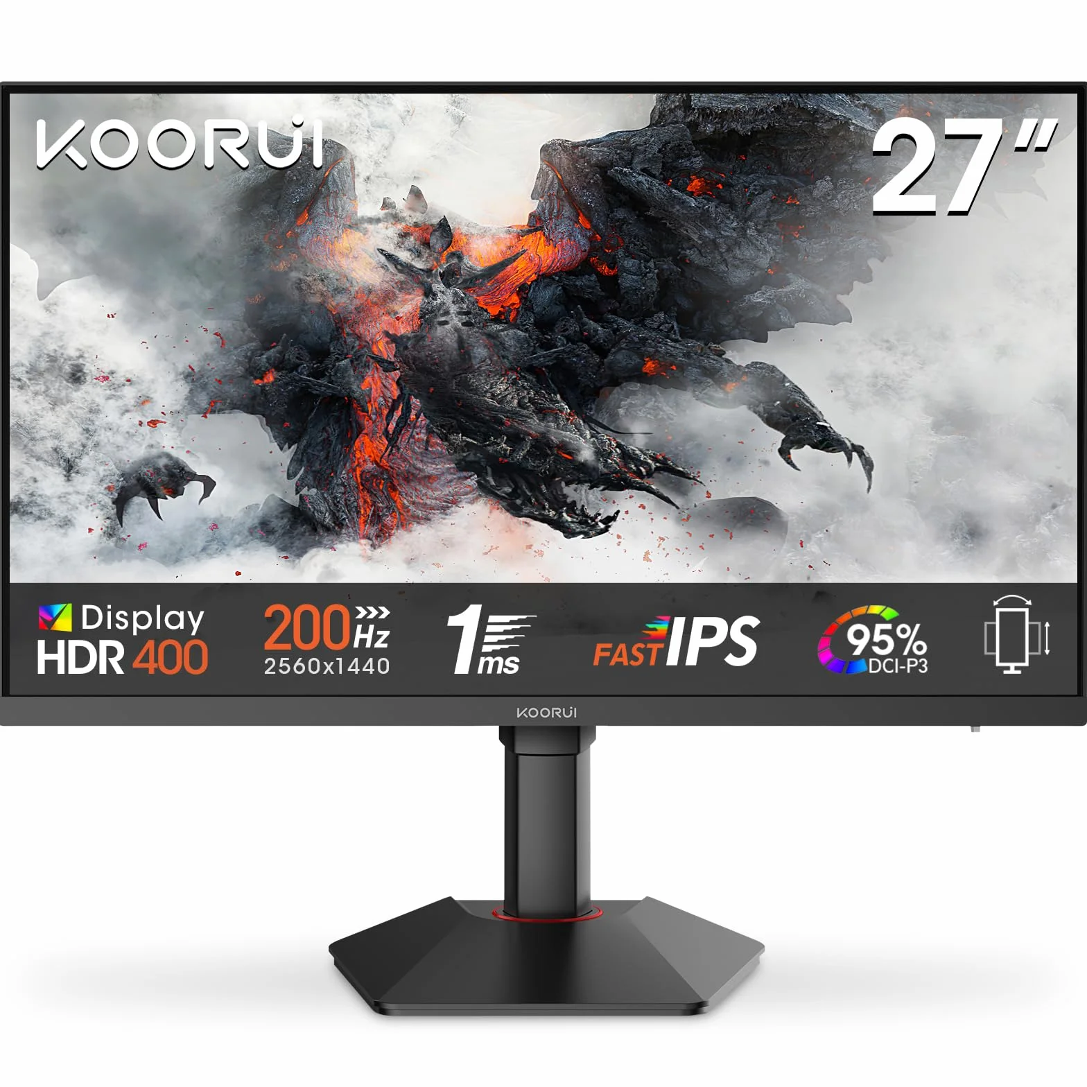 KOORUI G2722P Monitor Gaming 27 Pollici, QHD 200Hz, 1ms, HDR400, Fast IPS, Adaptive Sync, VESA 75x75mm, regolazione ergonomica