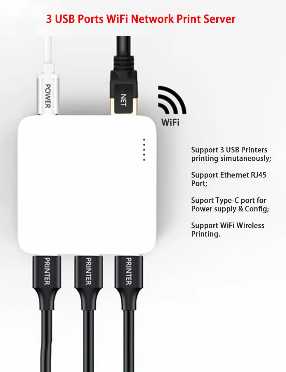 USB Network Print Server 3 porte WiFi per più stampanti USB Bianco