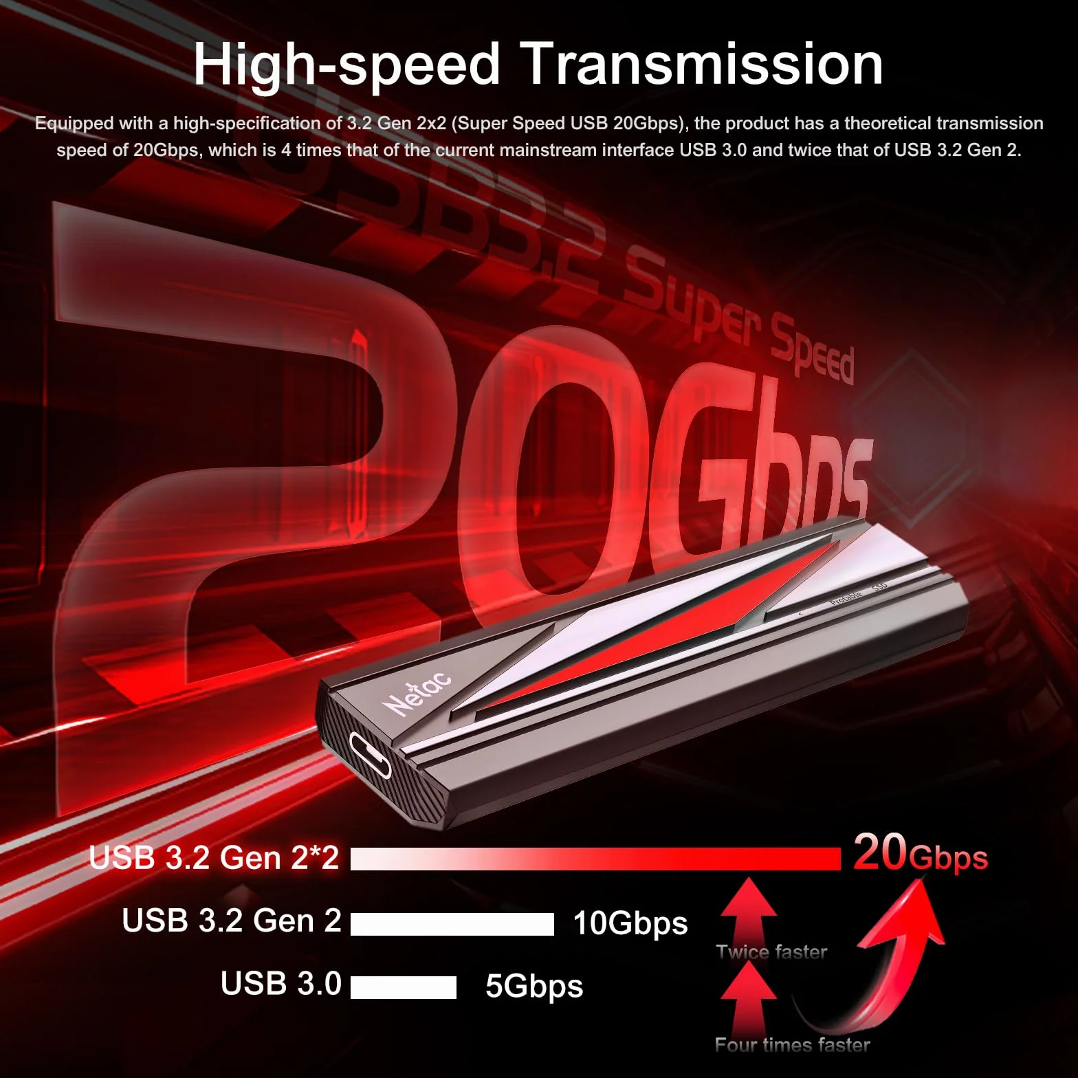 Netac SSD esterno portatile da 2 TB, fino a 2000 MB/s di lettura/scrittura, unità esterna a stato solido USB3.2 Gen2 x 2