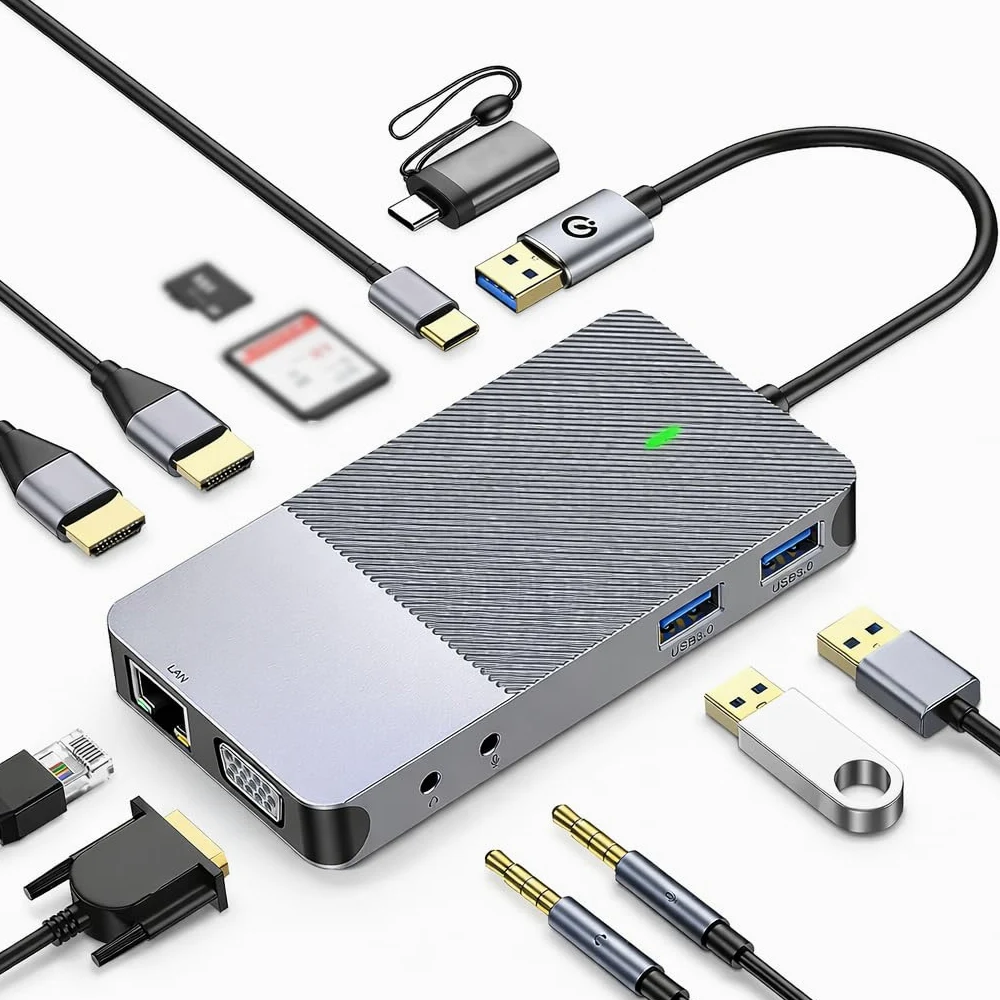 Gugxiom Hub USB C con Triplo Display 11 in 1, Design in Alluminio con Doppia Uscita HD e VGA, Docking Station USB con Slot LAN 3.0 TF, Audio da 3,5 Mm per Laptop A e Tipo C.