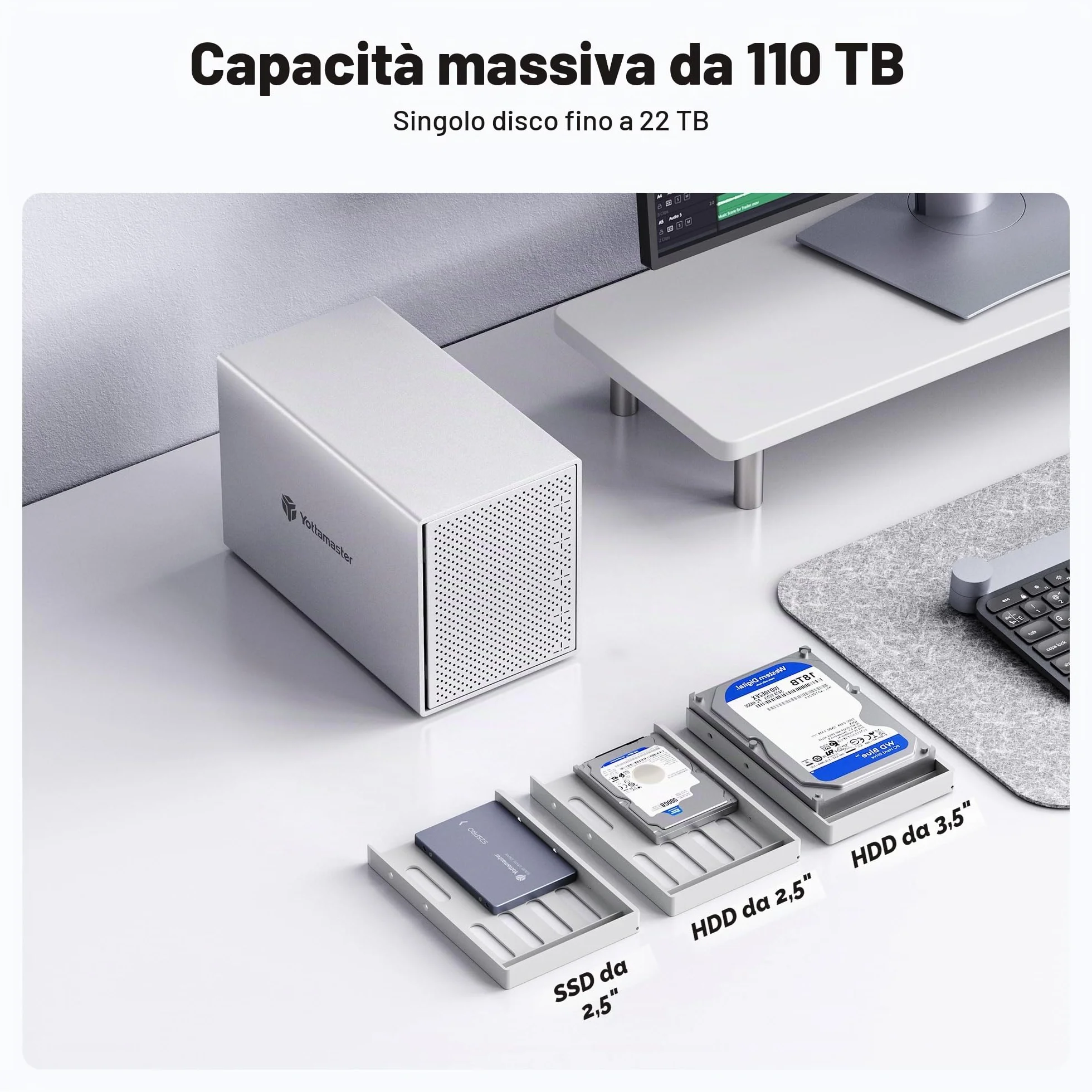 Yottamaster 5 Bay Case per Disco Rigido Alluminio Type-C Esterno SATA III HDD SSD 80mm Ventilatore