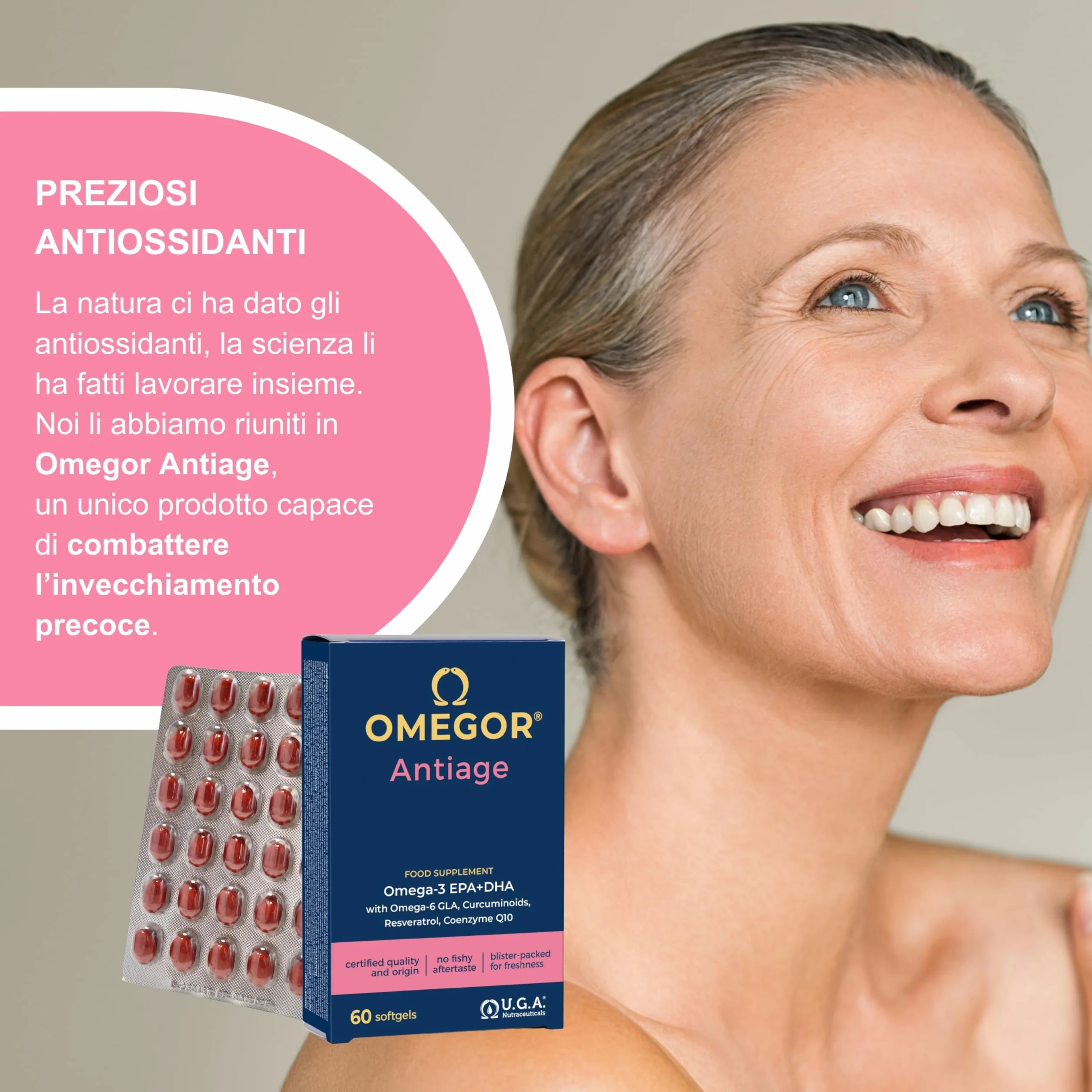 OMEGOR Antiage Integratore Pelle Antiossidante con Omega 3 e 6, Coenzima Q10, Resveratrolo, Alfa Lipoico e Curcuma (60 Capsule)