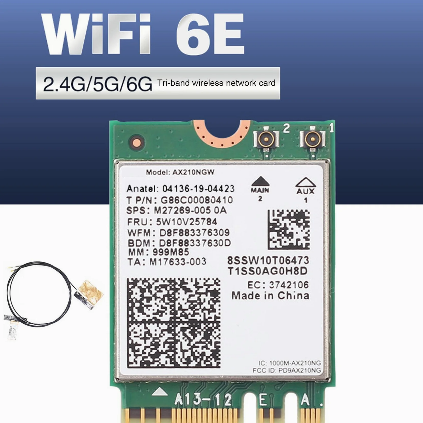 Scheda di rete AX210NGW + 2 antenne interne WiFi 6E Gigabit NGFF M.2 2.4G/5G/6G Scheda di rete -Banda