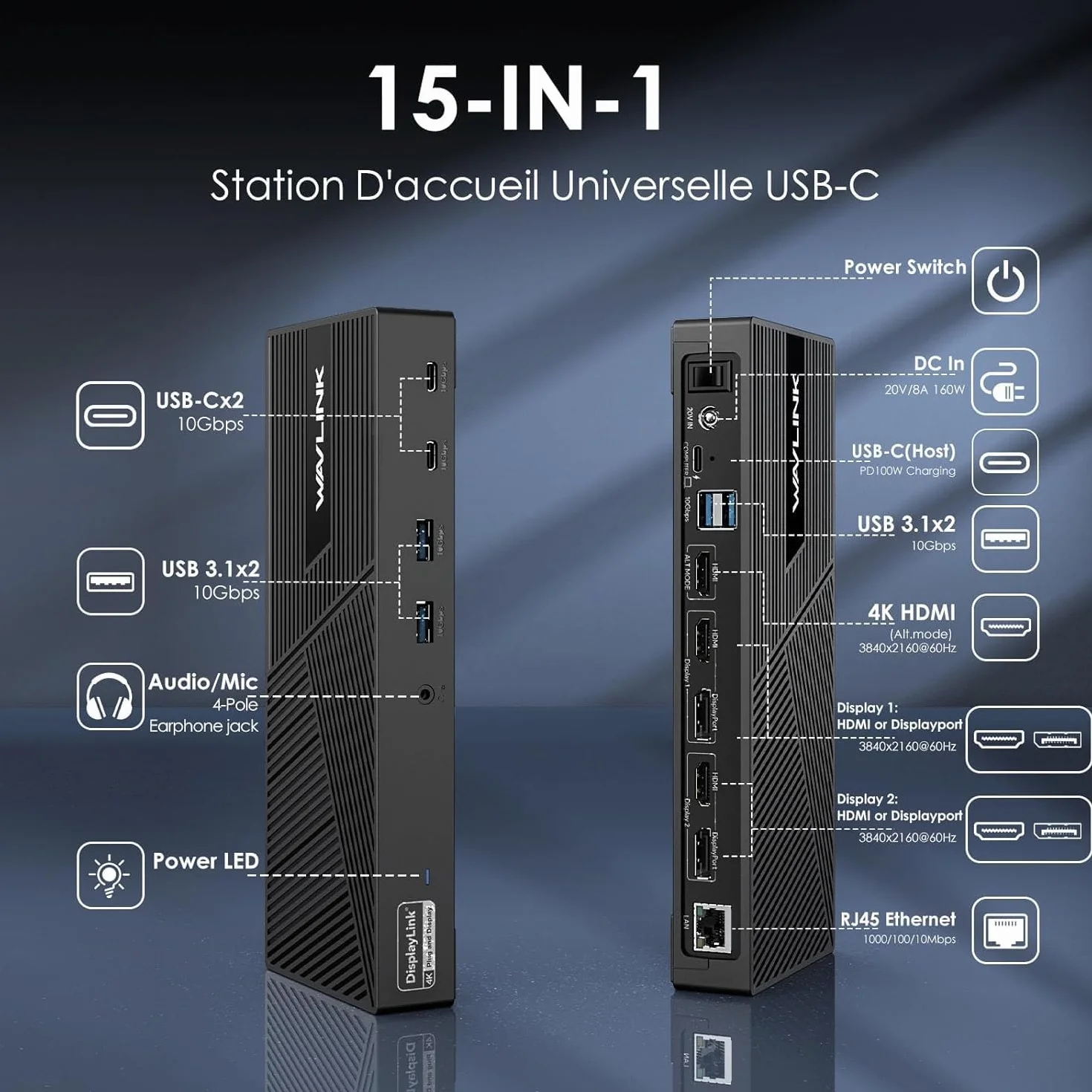 WAVLINK DisplayLink Docking Station USB-C 15 in 1, compatibile con MacBook Neo, Triple 4K Monitor (3X HDMI + 2X DP), 100W PD, 10 Gbit/s, Gigabit LAN, Audio/Mic, per Windows e Mac (incluso M1/M2/M3)