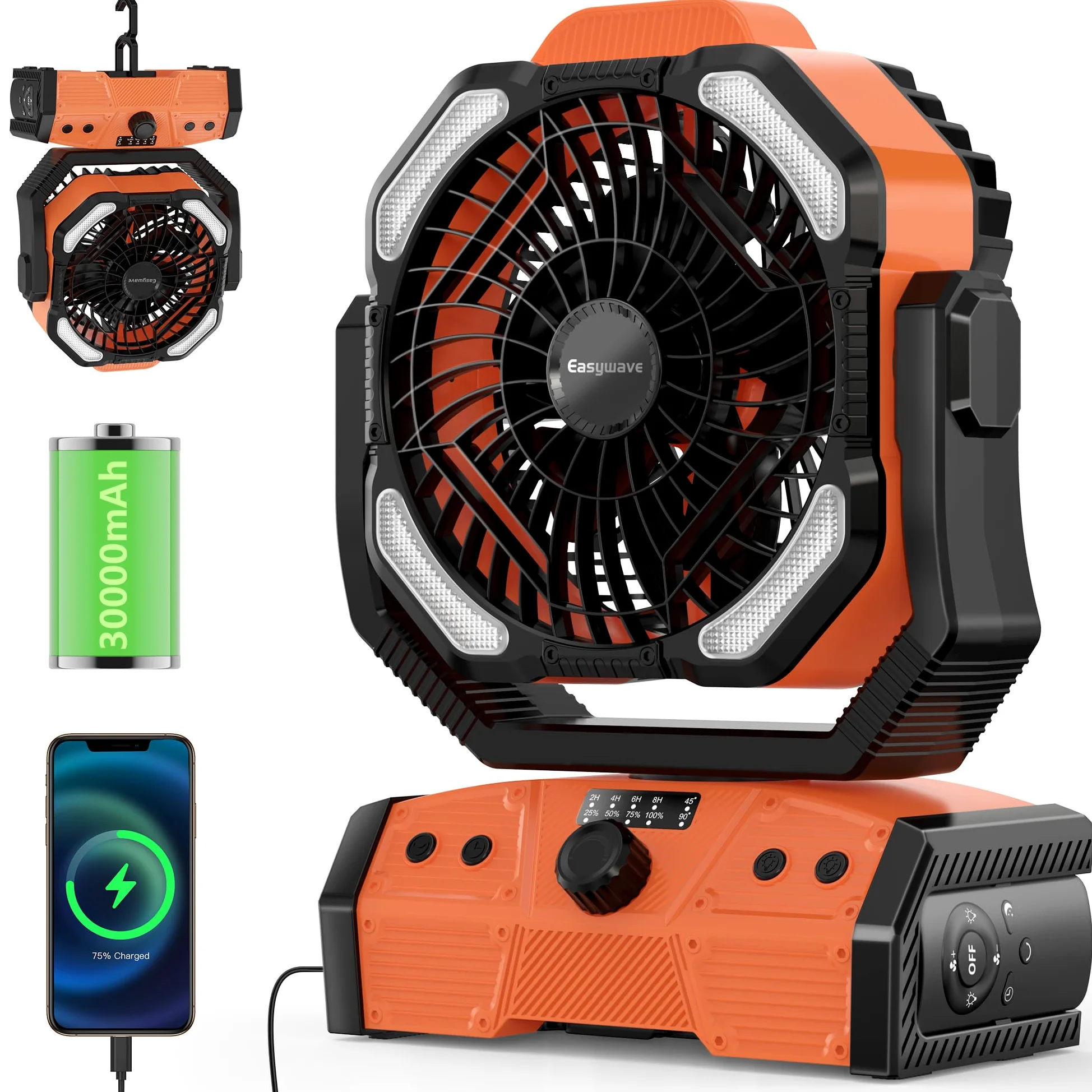 Easywave Ventilatore portatile ricaricabile da 30000 mAh: ventilatore a batteria senza fili con lanterna LED, ventilatore da tavolo, ventilatore USB C a batteria per viaggi, camera da letto, casa,