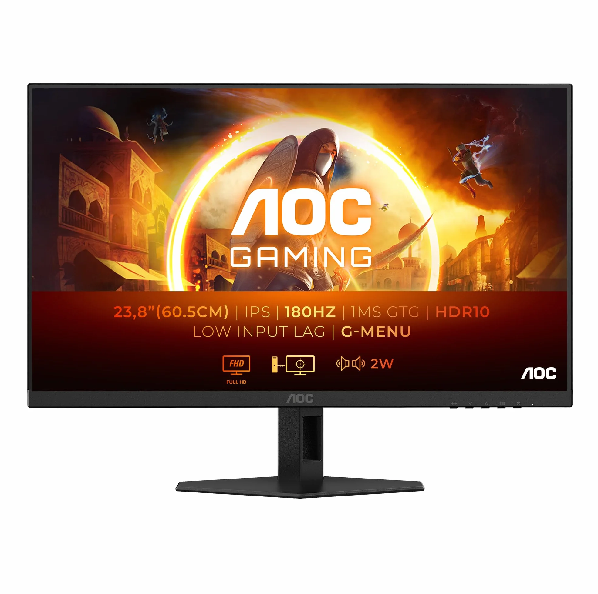 AOC Gaming Monitor 24G4XED 23.8 pollici, 1920x1080, FHD, 180Hz, Fast IPS Panel, 0.5ms MPRT, Speakers, (HDMI2x 2.0 DP 1x 1.4) Adaptive Sync, HDR10, G-Sync Compatible, Nero