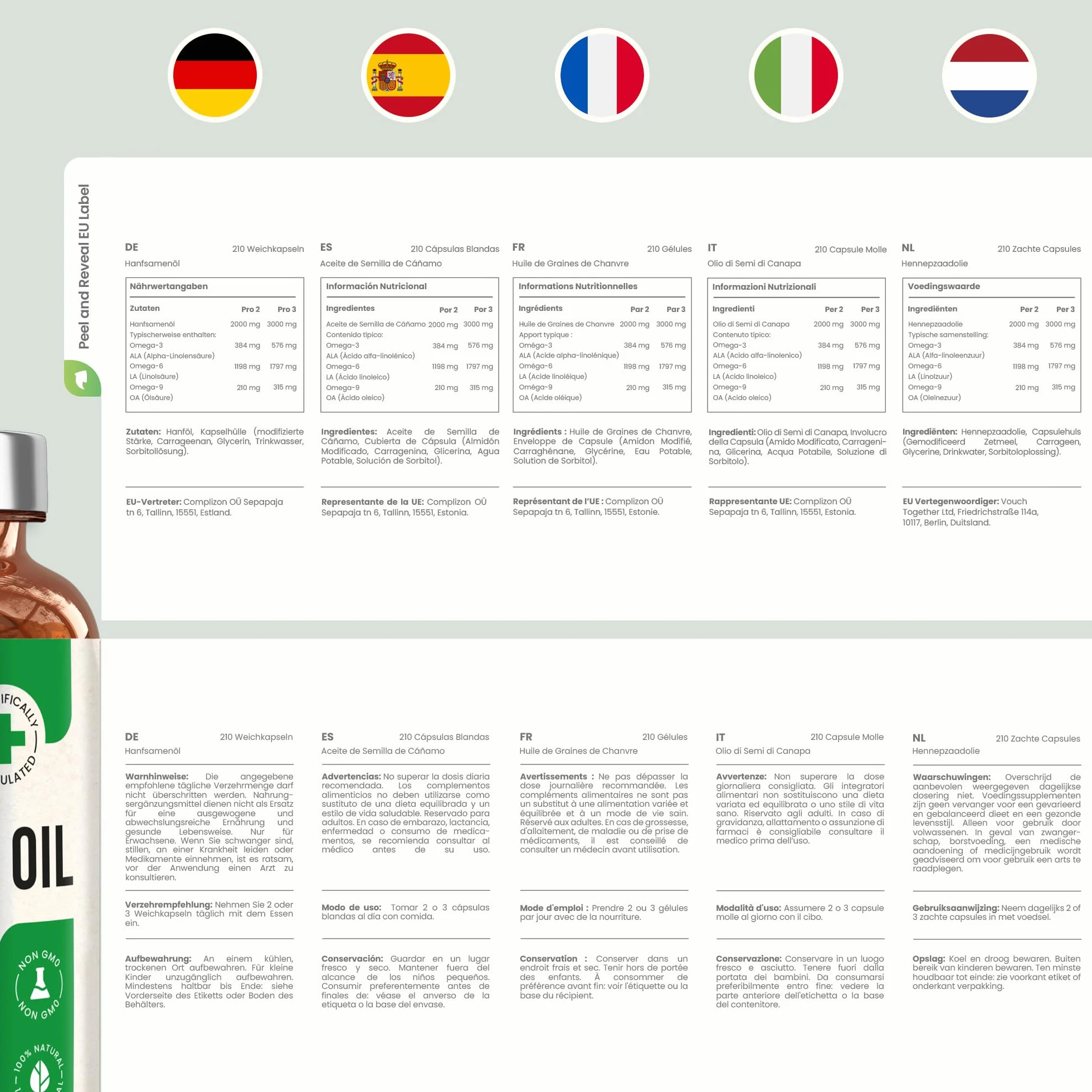 Olio di canapa in capsule 210 capsule 100% puro grani di canapa spremuti a freddo Ricco di Omega 3 6 9 VitaBright Hemp Seed Oil