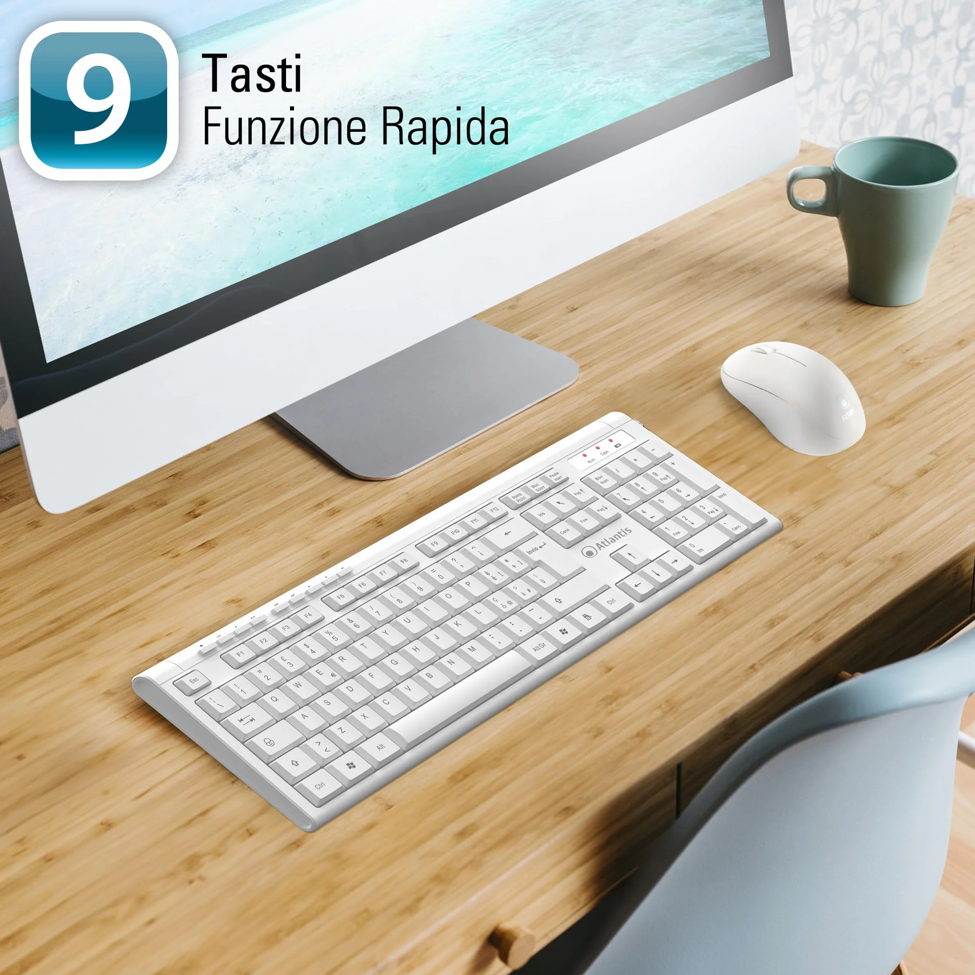 Atlantis Combo Kit Tastiera e Mouse Wireless senza fili, Multimediale, Layout Italiano QWERTY, 9 Tasti di scelta rapida, per PC/Laptop/Notebook, ricevitore USB unico, cod. P013-AX280G+M, Bianco.