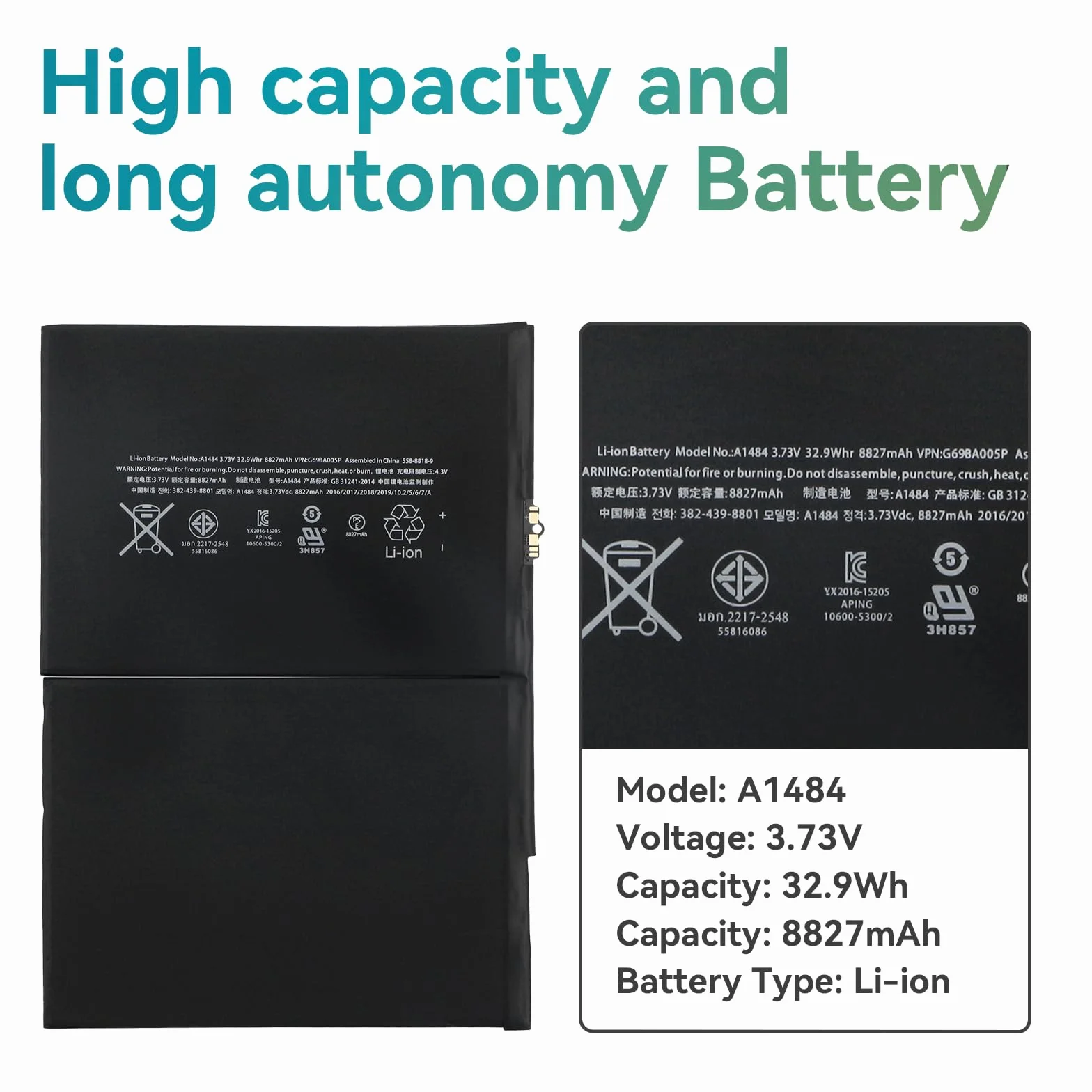 K KYUER A1484 Tablet Batteria per iPad 5 6 7 8 9 5th 6th 7th 8th 9th Gen A1822 A1823 A1893 A1954 A2197 A2198 A2199 A2200 A2428 A2429 A2430 A2602 A2603 A2604 A2605 Air 1 1st Gen 2013 A1474 A1475 A1476