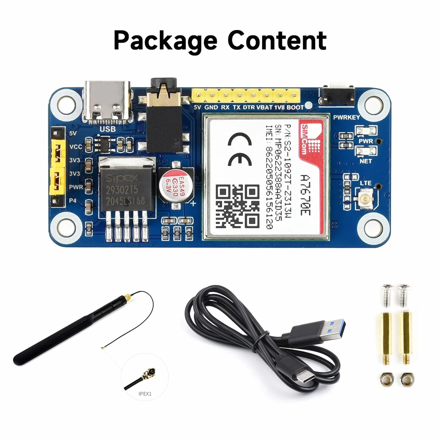 Waveshare A7670E LTE Cat-1 HAT per Raspberry Pi LTE Cat-1 2G GSM/GPRS LBS Multi Band