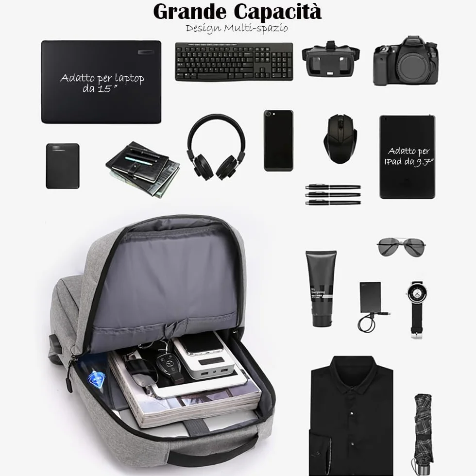 Mixroom - Zaino Porta PC Uomo Laptop Borsa per PC Portatile porta Computer Custodia Notebook 15" Due Tasche Frontali Con Attacco USB Z1