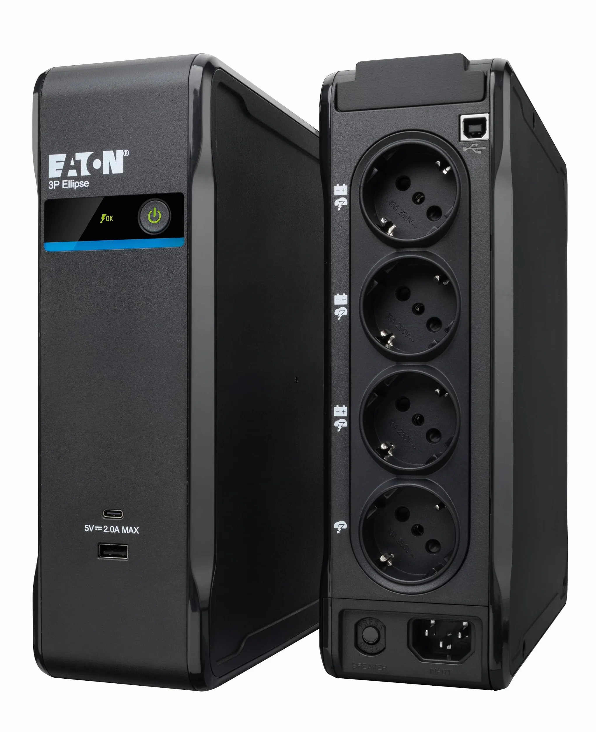 Eaton Ellipse 3P900UD UPS – Gruppo di Continuità Off-Line – 900VA/540W – Presa DIN – USB Tipo A & C (4 prese con batteria + sovratensioni, 4 solo sovratensioni, software di spegnimento)