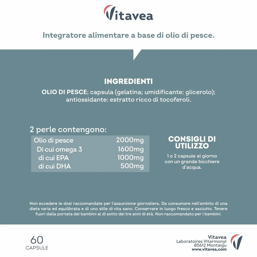 Omega 3 Olio di Pesce 2000 mg EPA 500 mg DHA Alto Dosaggio 60 Capsule Softgel Integratore Acidi Grassi Essenziali