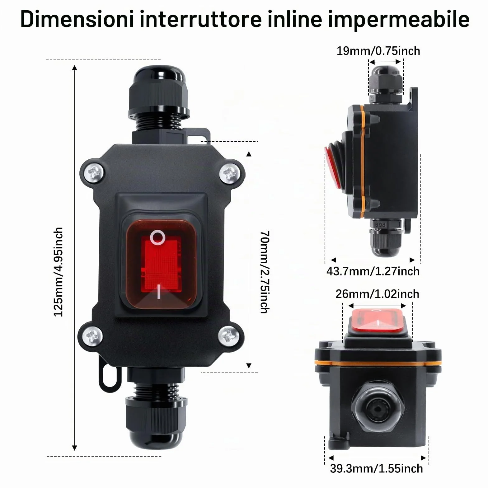 IP67 Interruttore impermeabile Binghe 12-24V 30A Interruttore impermeabile in linea con LED Rosso Interruttore in linea impermeabile per Apparecchiature Meccaniche/Uso esterno/utensili elettrici