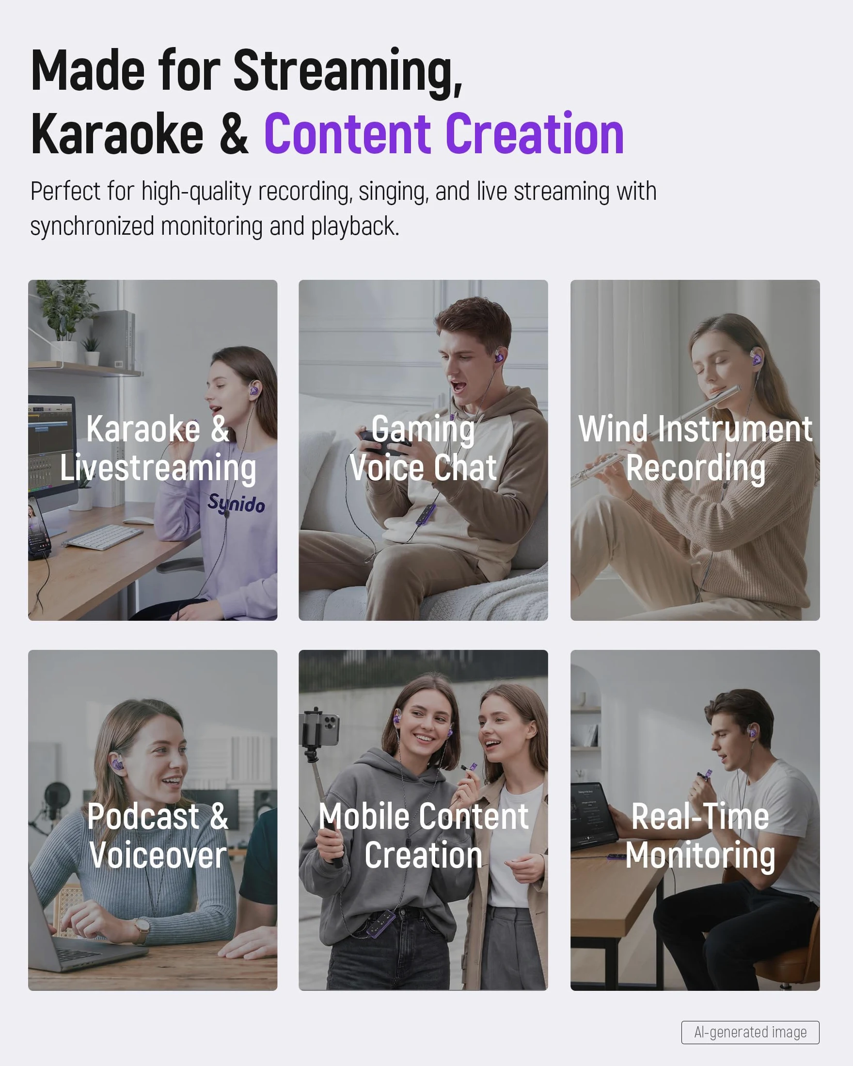 Synido Scheda audio auricolare per cantare live streaming, monitoraggio in tempo reale, accompagnamento BT, microfono con riduzione del rumore, 4 modalità audio, compatibile con smartphone, tablet e