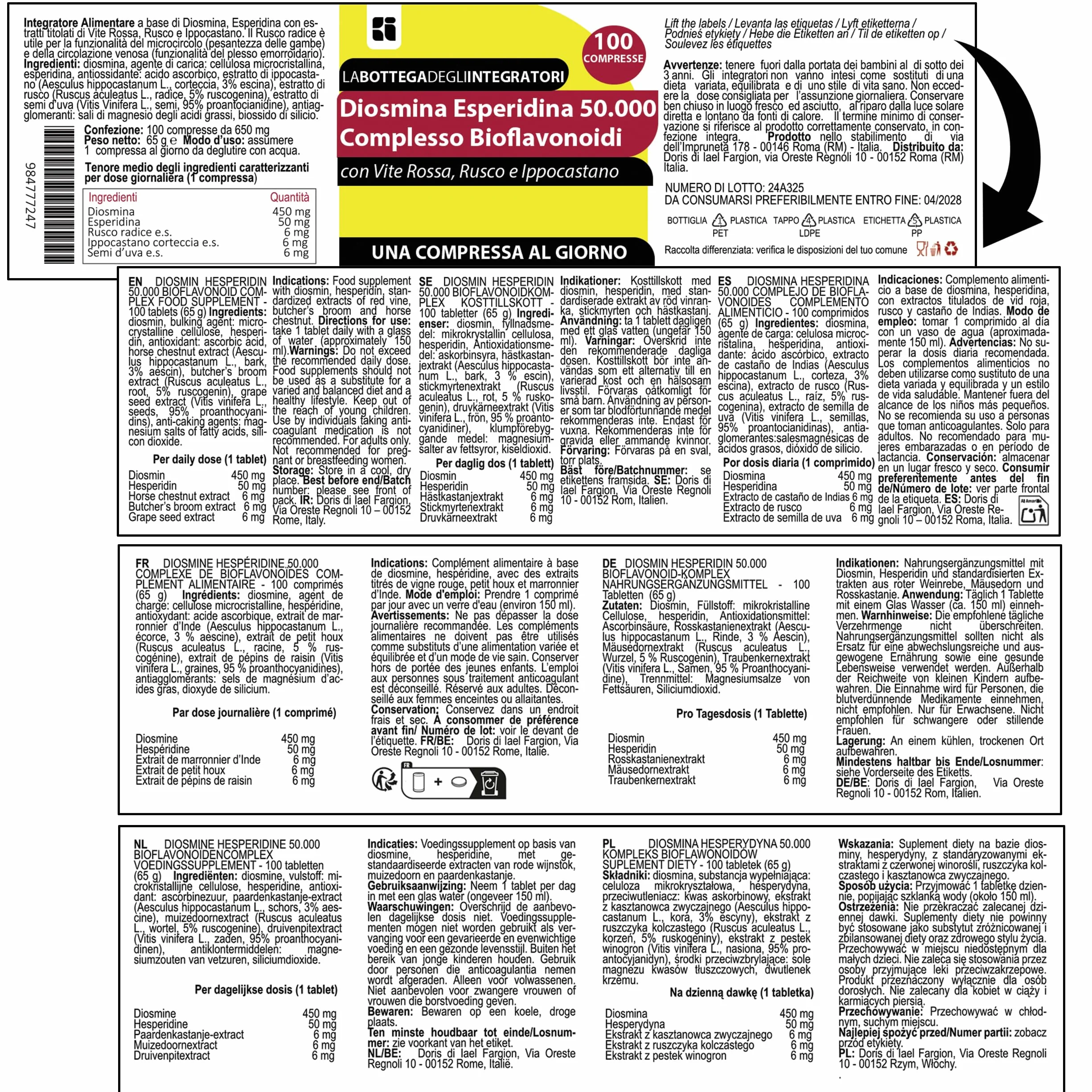 Diosmina Esperidina Complesso Bioflavonoidi 100 Compresse con Vitamina C, Vite Opc, Rusco, Ippocastano Integratore Circolazione Emorroidi Gambe