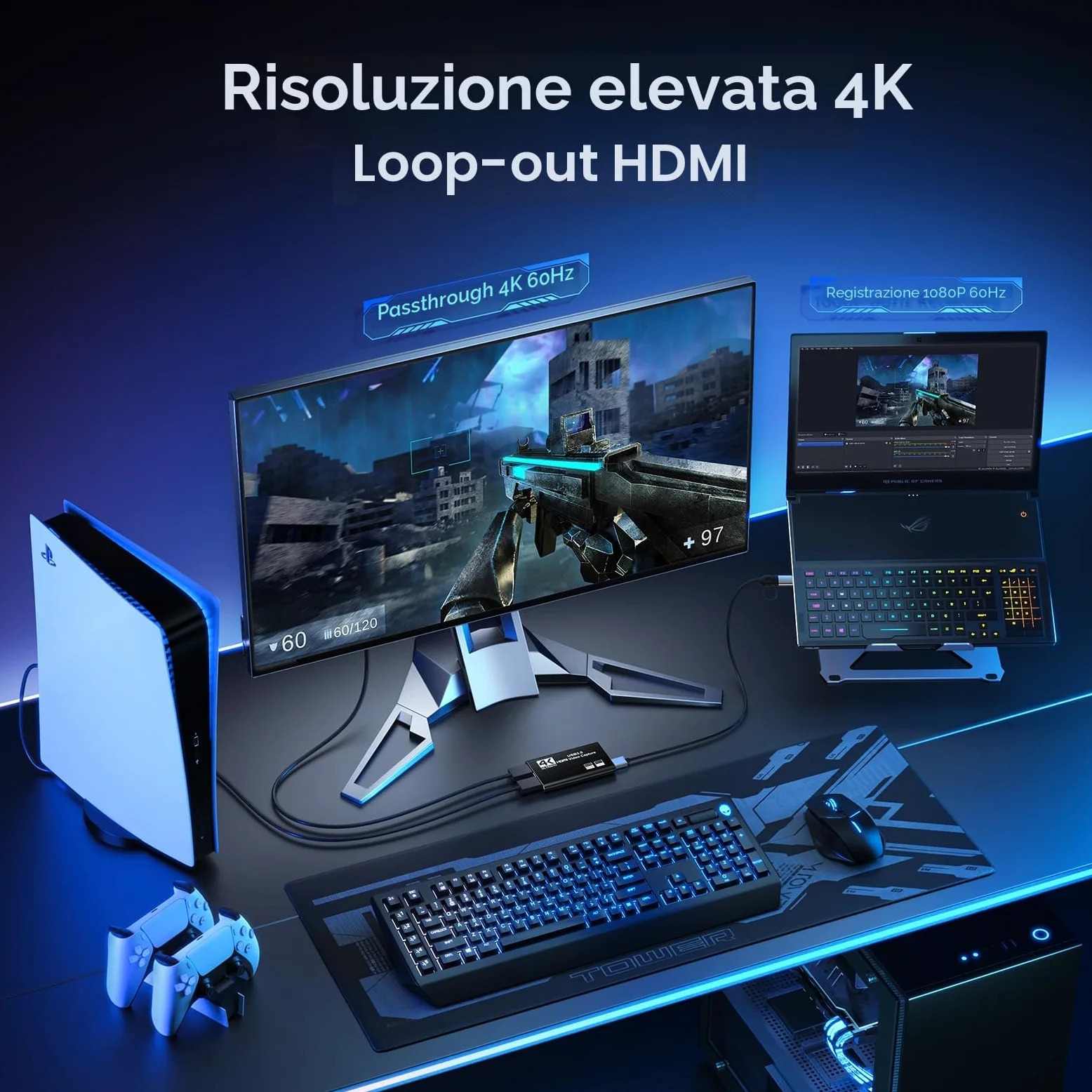 XIIXMASK Scheda di acquisizione video, Scheda di acquisizione USB 3.0 4K HDMI Loop-Out, acquisizione video 1080P 60FPS/2K 30FPS per lo funziona per PS5/Switch/fotocamera/PC/OBS(nero)
