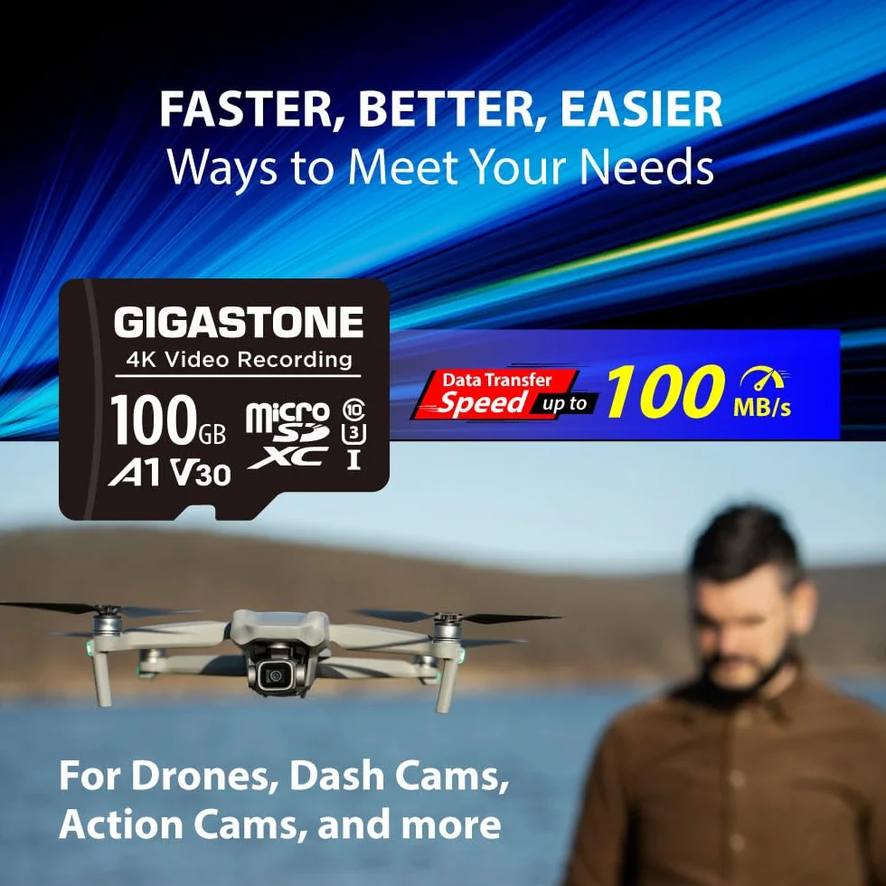 GIGASTONE Scheda Micro SD da 100 GB, registrazione video A1 V30 4K, compatibile con telecamera di sicurezza, Dash Cam, Drone, scheda di memoria MicroSDXC da 100 MB/s UHS-I, con adattatore