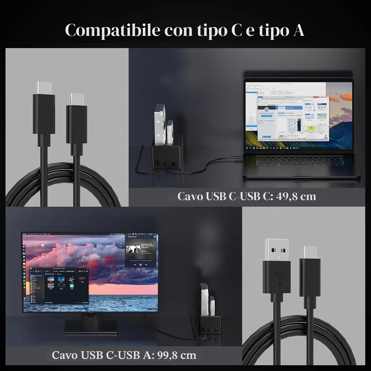FIDECO Docking Station per Disco Rigido USB 3.2 Gen 1 SATA HDD SSD 2,5" 3,5" Cavo USB A C Clonazione Offline