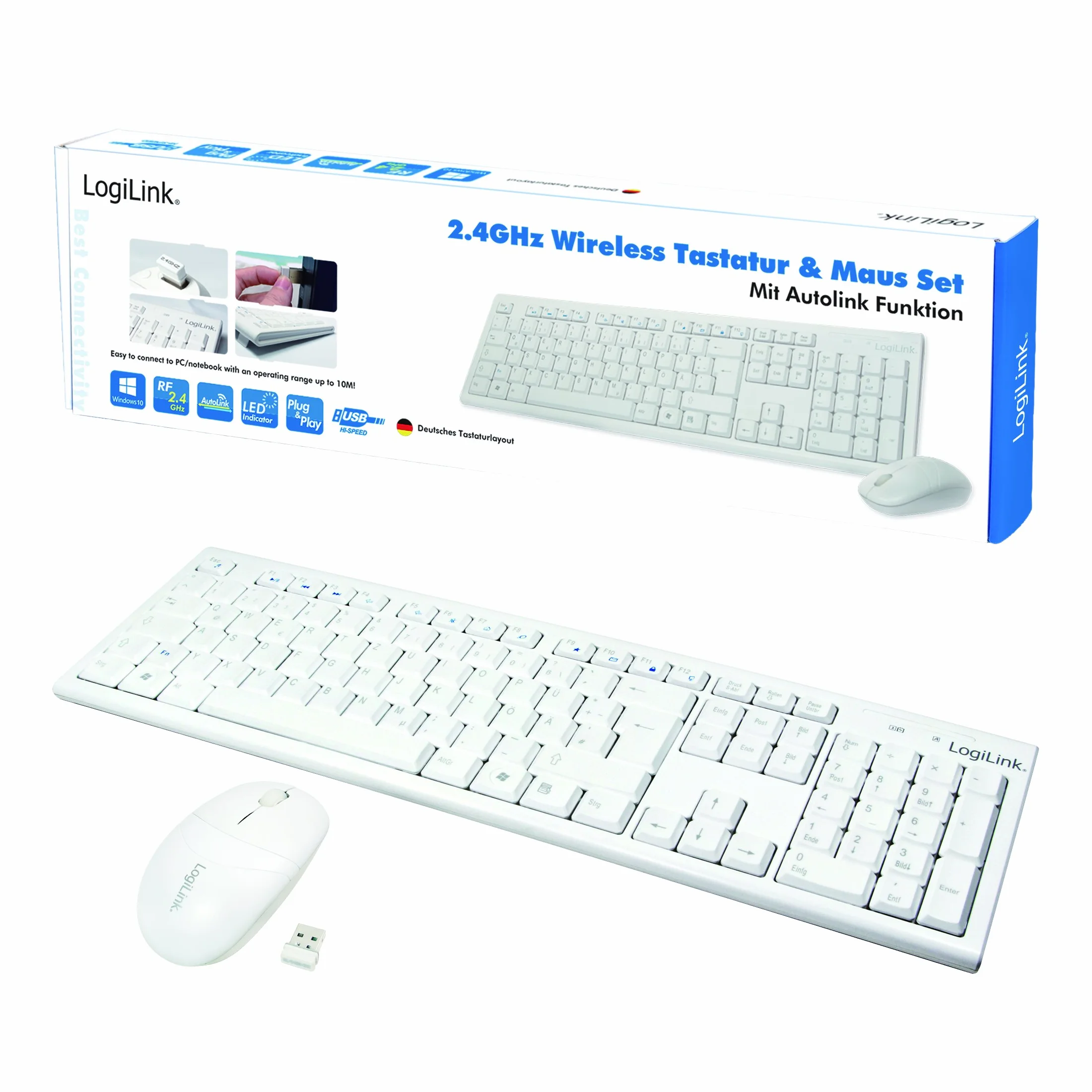 LogiLink ID0104W - Set tastiera/mouse wireless, 2,4 GHz, tastiera 103 tasti (+13 tasti di scelta rapida) - mouse (sensore ottico) con 3 pulsanti, connessione auto, bianco