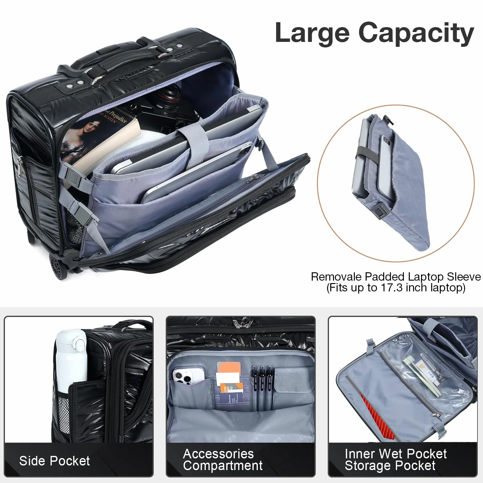 Trolley da lavoro con lucchetto TSA, Valigetta con ruote per computer portatile, Pelle nera