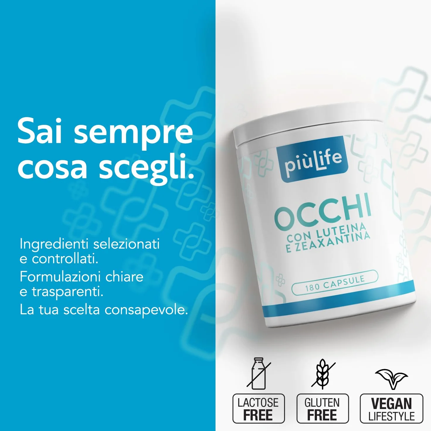 PiùLife Luteina e Zeaxantina Integratore Occhi 180 Capsule Zinco Vitamina A E B2 Acido Ialuronico