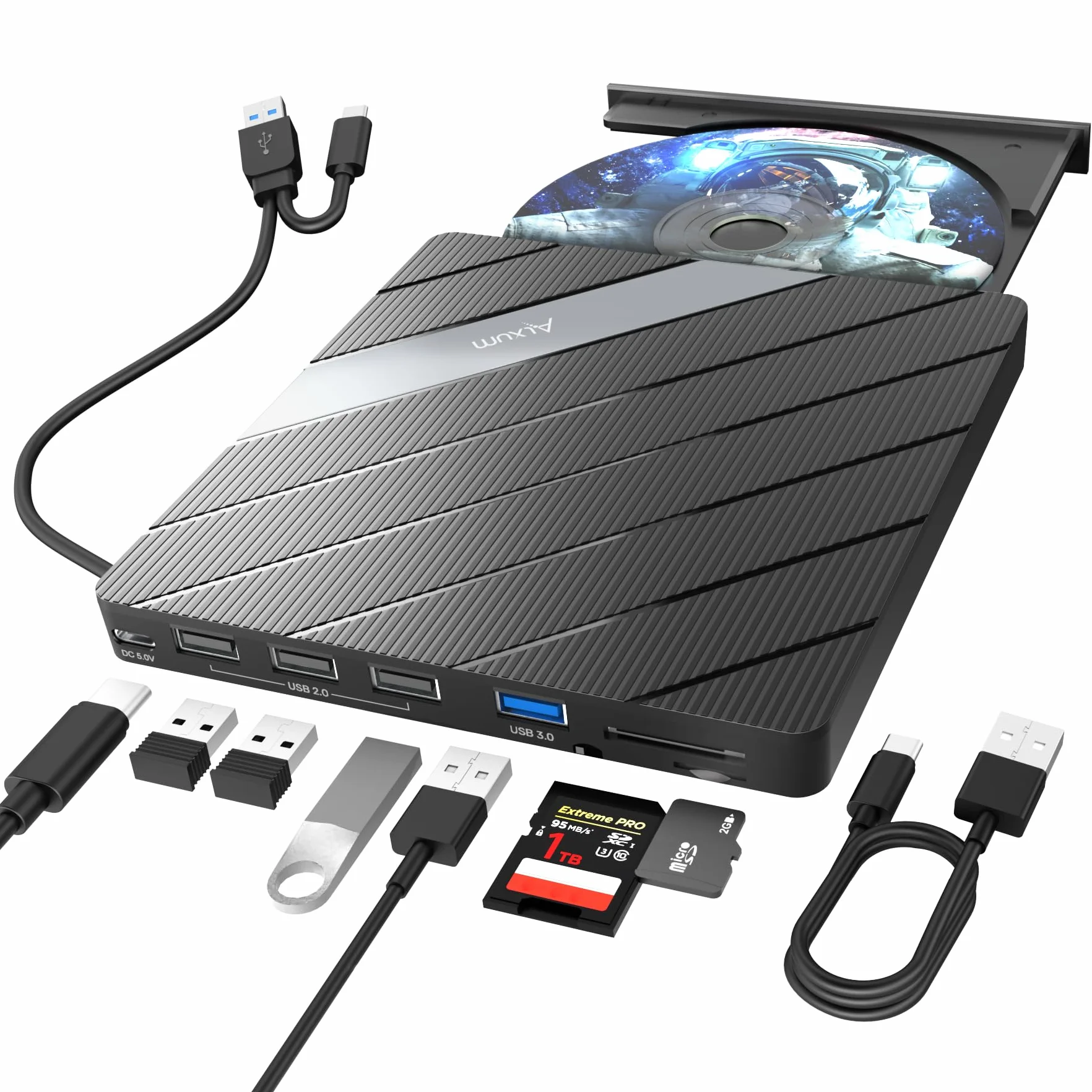 Alxum Unità DVD Esterna per Computer Portatile CD/DVD con Lettore di Schede SD&TF e porte USB 2.0 USB 3.0, Disco CD Esterno USB e USB C per Laptop, Desktop, MacBook, Windows, Linux, Mac OS, Vista