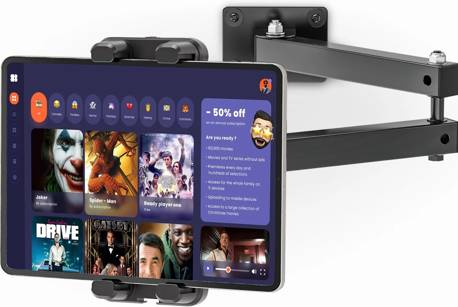 Tendak Supporto da Parete per Tablet, Supporto Muro Tablet Lunghezza Estendibile è di 10-43 cm, in Lega di Alluminio, Porta Tablet da Muro per Tutti Smartphone e Tablet da 4,7-13,5 Pollici