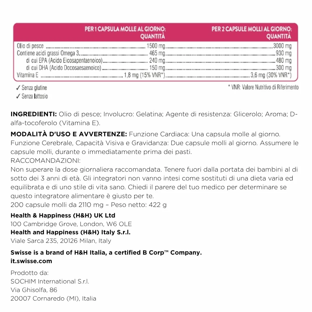 Swisse Omega 3 IFOS 5 Stelle 200 Capsule Molli 1500mg Olio di Pesce Vitamina E 233mg EPA 135mg DHA Supporto Funzione Cerebrale e Cardiaca