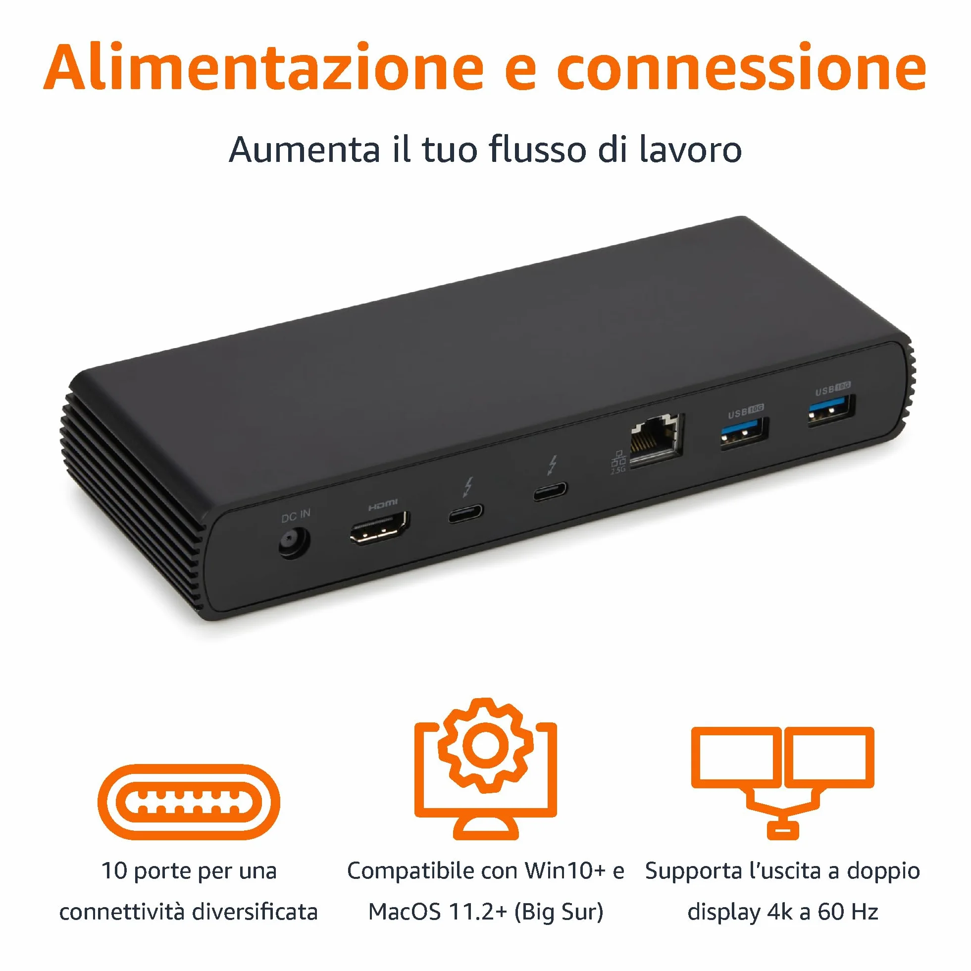 Amazon Basics Docking station Pro Thunderbolt 4/USB 4, 2 TBT4,1 HDMI 2.1, 3 USB A 3.1, RJ45, doppio display, Nero, 19,96 x 7,5 x 3,12 cm