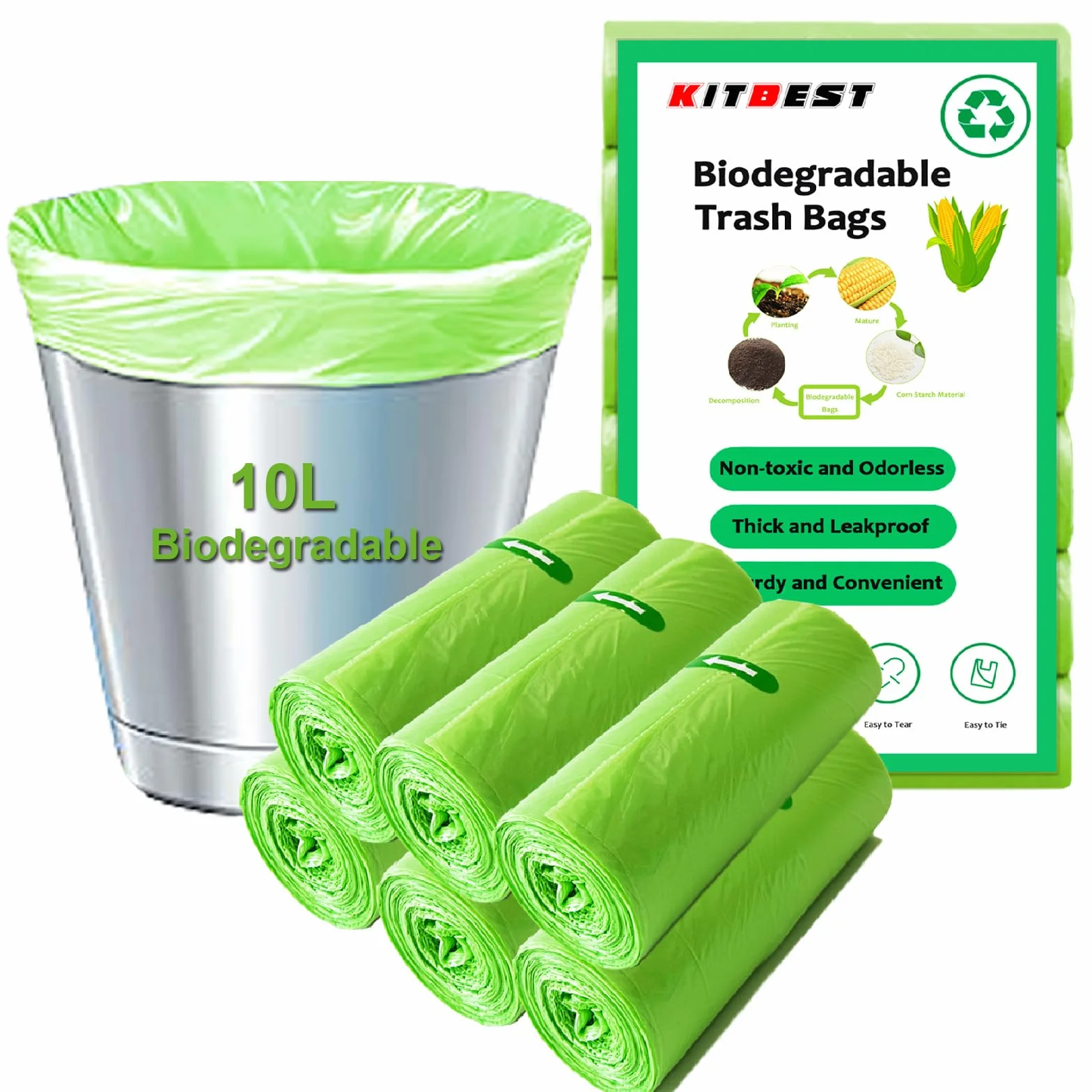 Sacchetti biodegradabili per rifiuti alimentari 10 L, 120 pezzi, compostabili, colore verde