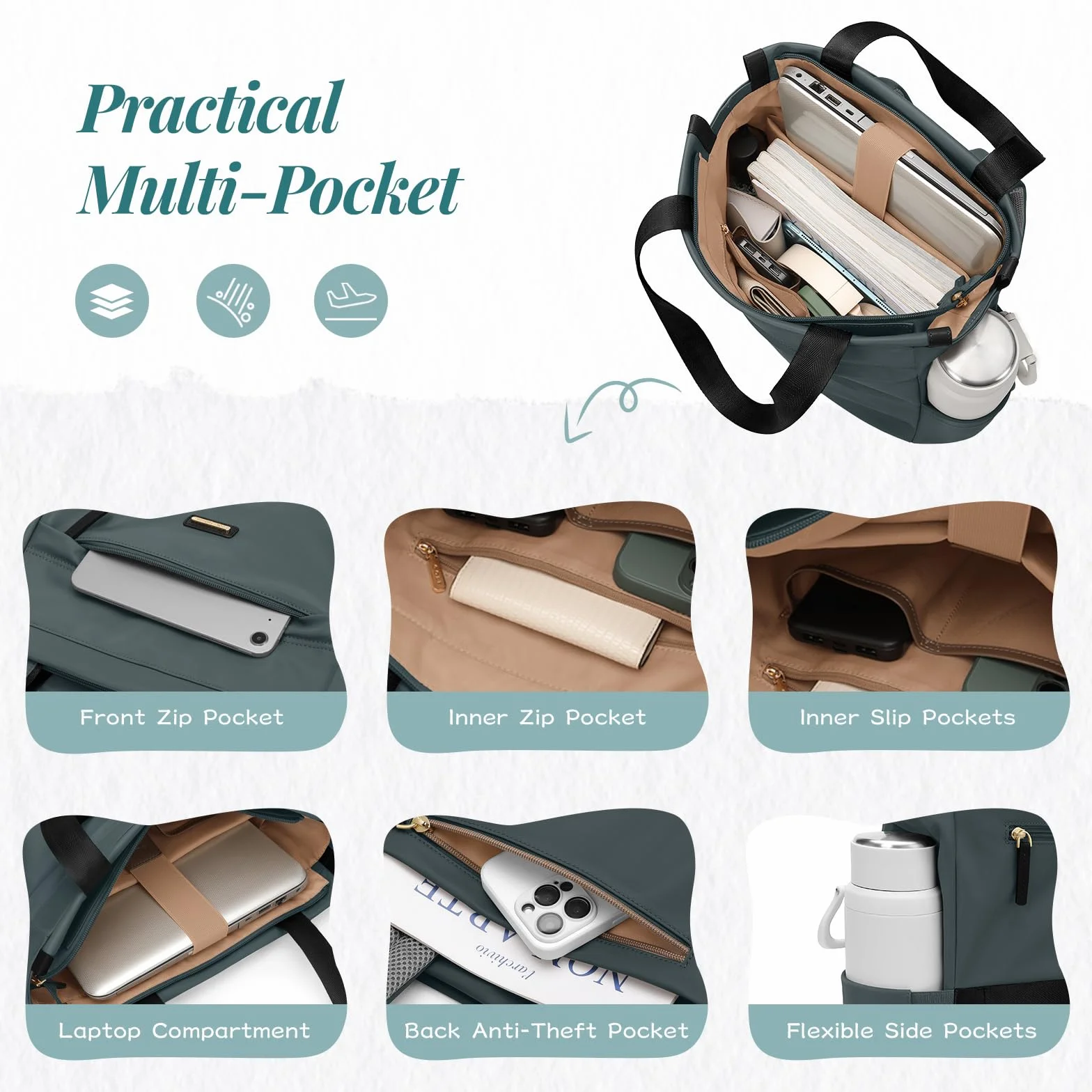 GOLF SUPAGS Borsa per Notebook Convertibile, Zaino per Laptop da Donna con Scomparto per Laptop, Borsa a Tracolla Viaggio Moda Casual da 15.6 Pollici, per Università, Lavoro (Verde Scuro)