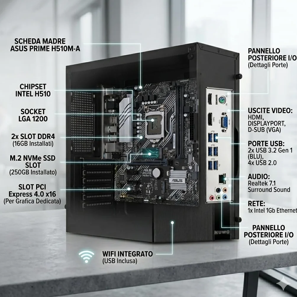 PC Fisso i5 Desktop Intel Core i5-10400 fino a 4.30GHz, 16GB RAM DDR4, SSD M.2 da 250GB, WiFi Incluso, Windows 11 Pro, Office 2019, Computer pronto all'uso