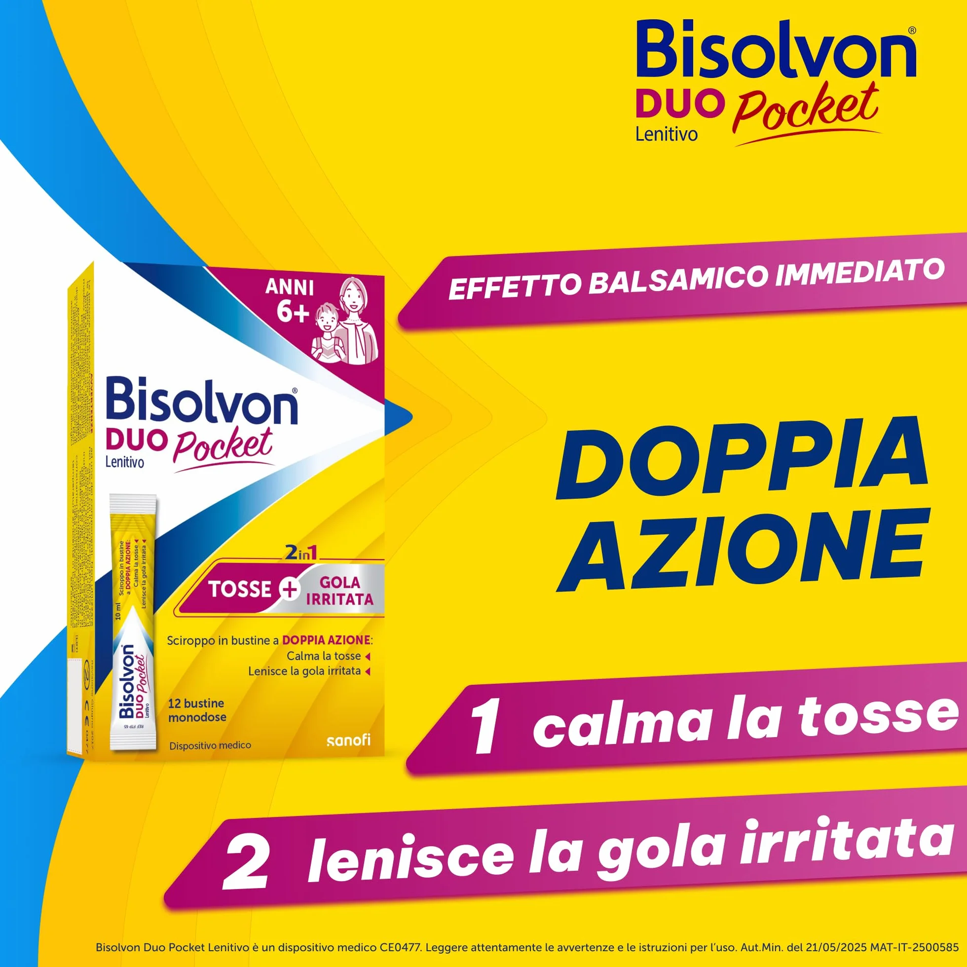 Bisolvon Duo Pocket Sciroppo Tosse, Tosse Secca e Grassa Adulti e Bambini 6+, Senza Glutine, Senza Lattosio (12 Bustine)