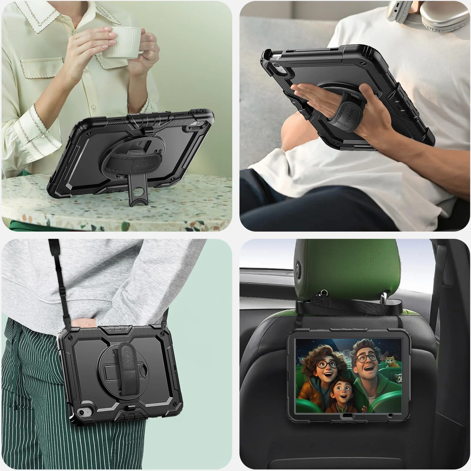 SEYMAC Custodia per iPad A16 11a/10a Generazione 11/10.9 pollici 2025/2022 Resistente agli urti con Protezione Schermo Supporto Girevole 360° Portapenne Tracolla Nero