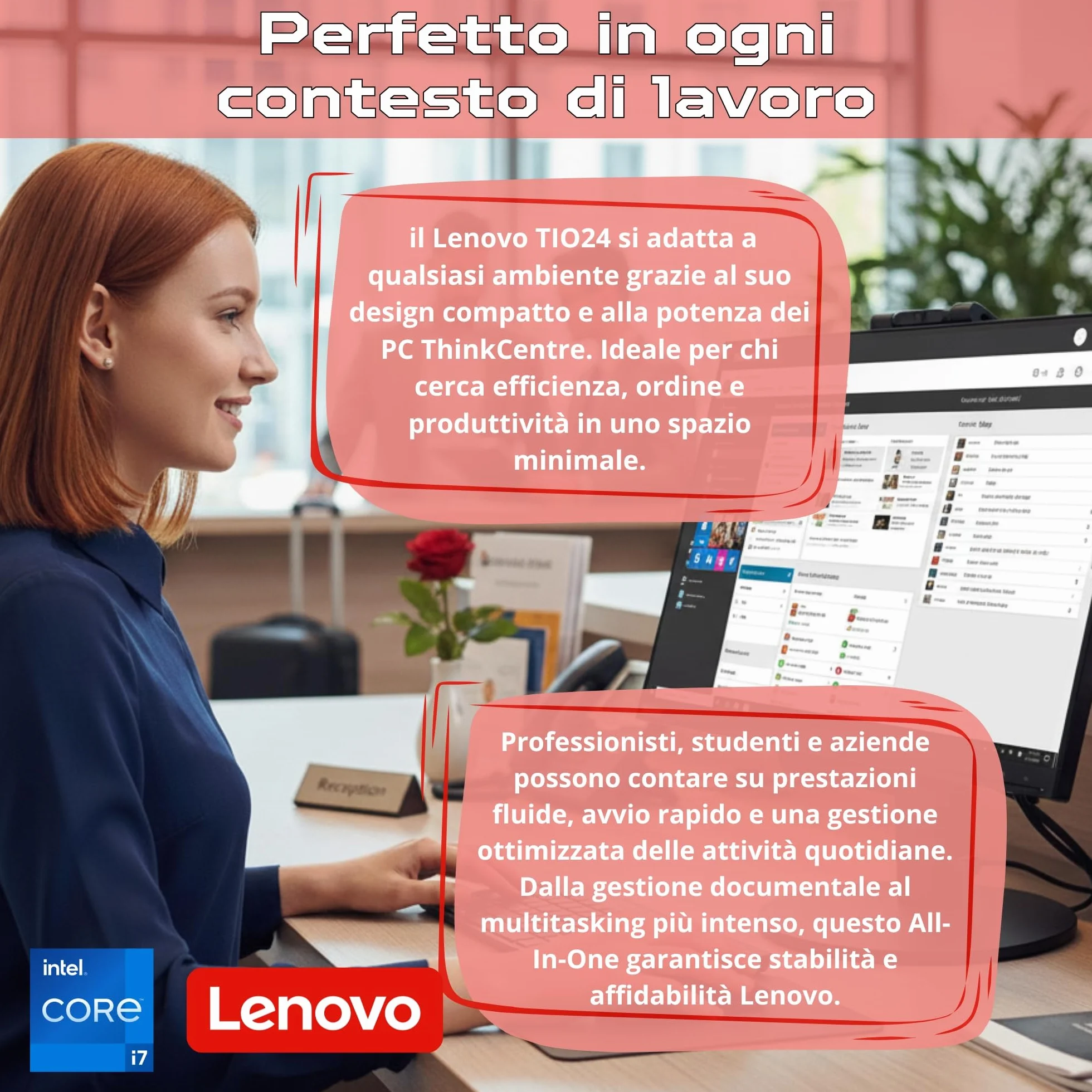 Lenovo ThinkCentre TIO24 24" Full HD Intel Core i7 3.60 GHz 16 GB 512 GB SSD Webcam Win 11 Pro Ricondizionato