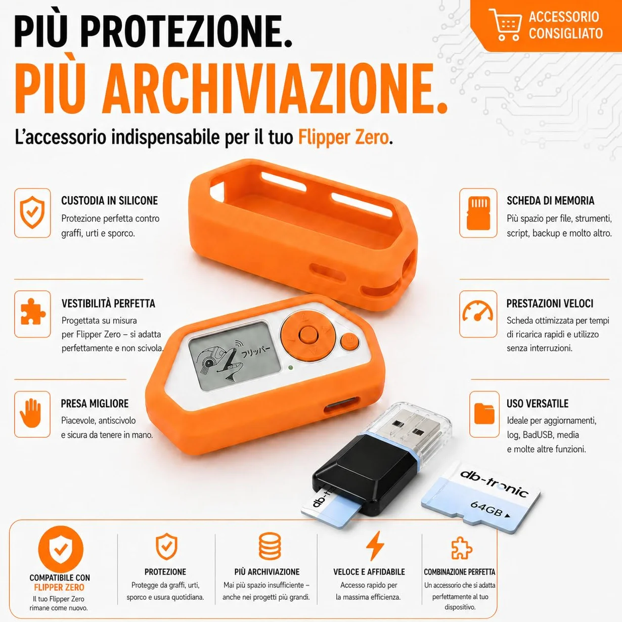db-tronic Flipper Zero Protective Set | Flipper Zero | Custodia in Silicone | Cavo USB-C | Scheda di Memoria 64GB - Sub-GHz, RFID, NFC, Telecomando Radio, infrarossi, Open-Source e Personalizzabile