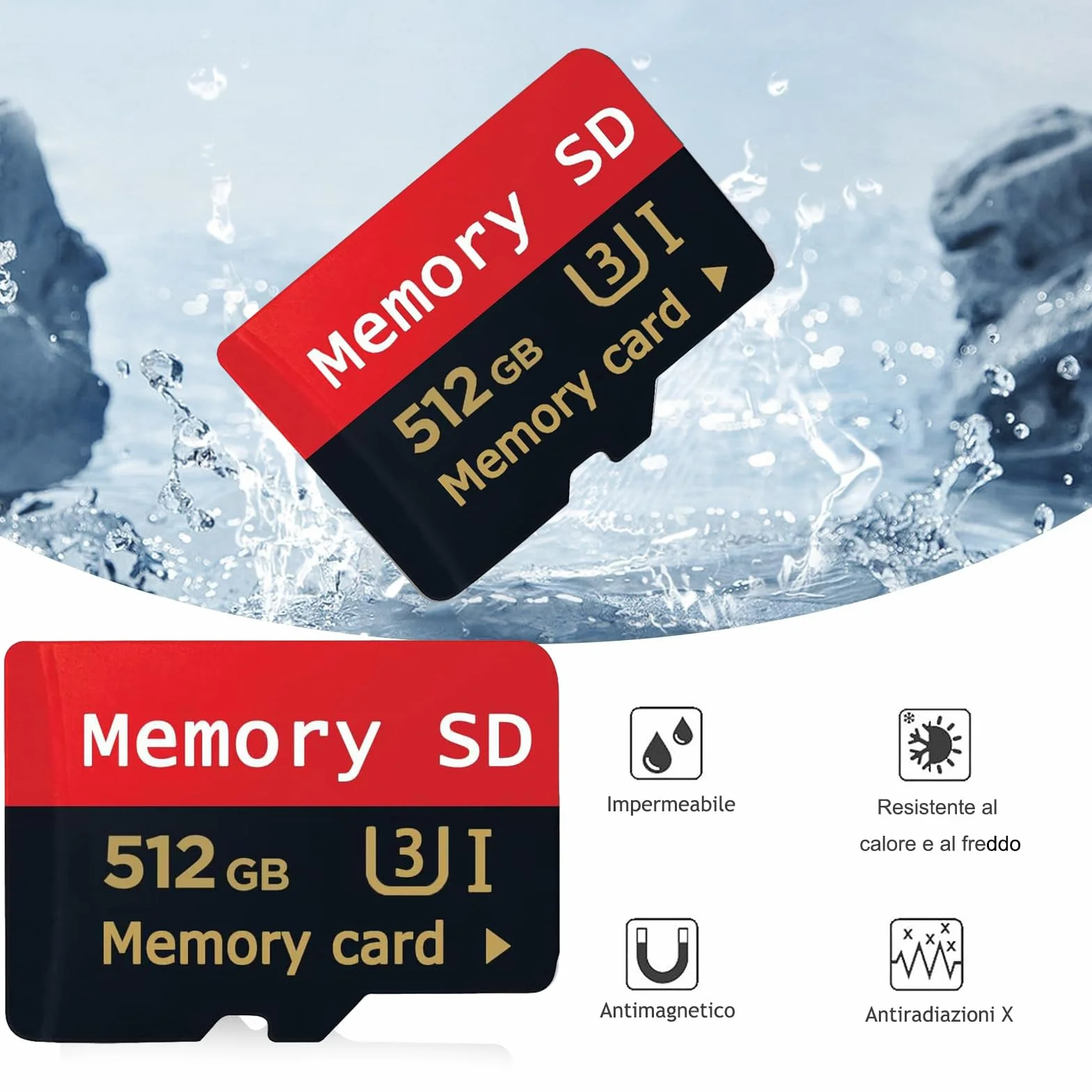 Scheda Micro SD 512GB ad elevata velocità, scheda di memoria ad alta velocità per smartphone, dispositivi di gioco portatili e droni, videocamere, switch.