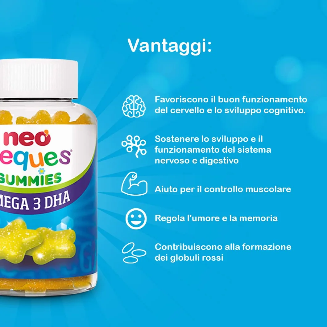 Neo Peques Omega 3 DHA Orsetti Gommose Vitaminici Bambini 3 Anni 30 Compresse Colina Vitamine B Sapore Limone