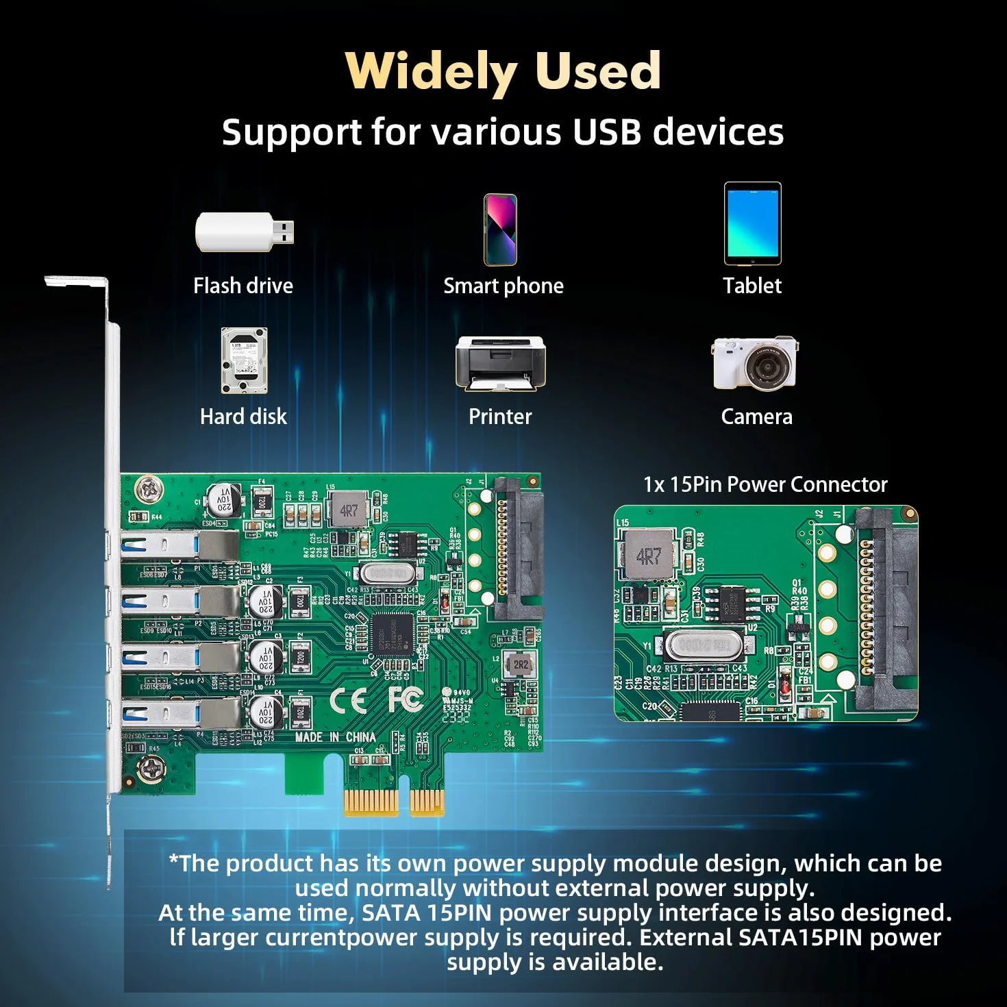 Binardat Scheda di espansione PCIE a 4 porte USB 3.0, alimentata autonomamente, staffa a basso profilo, adattatore controller hub USB3 per Windows 10/11