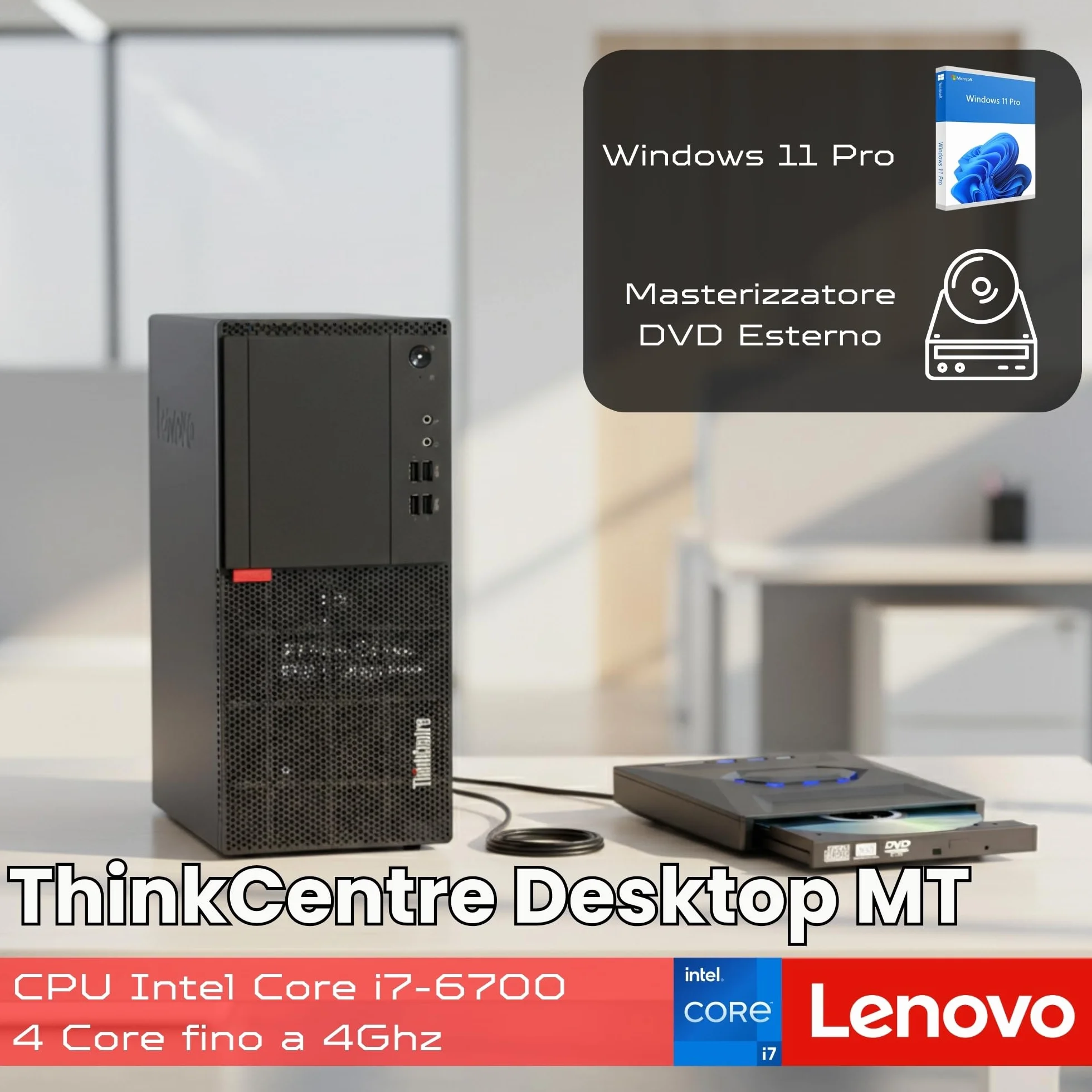 Lenovo - PC veloce con Intel Core i7 6700 - Computer desktop + Silent Computer per ufficio e home Office da 4 GHz - 16 GB - SSD da 512 GB - USB3.0 - WLAN - Include Windows 11 Pro DV RW