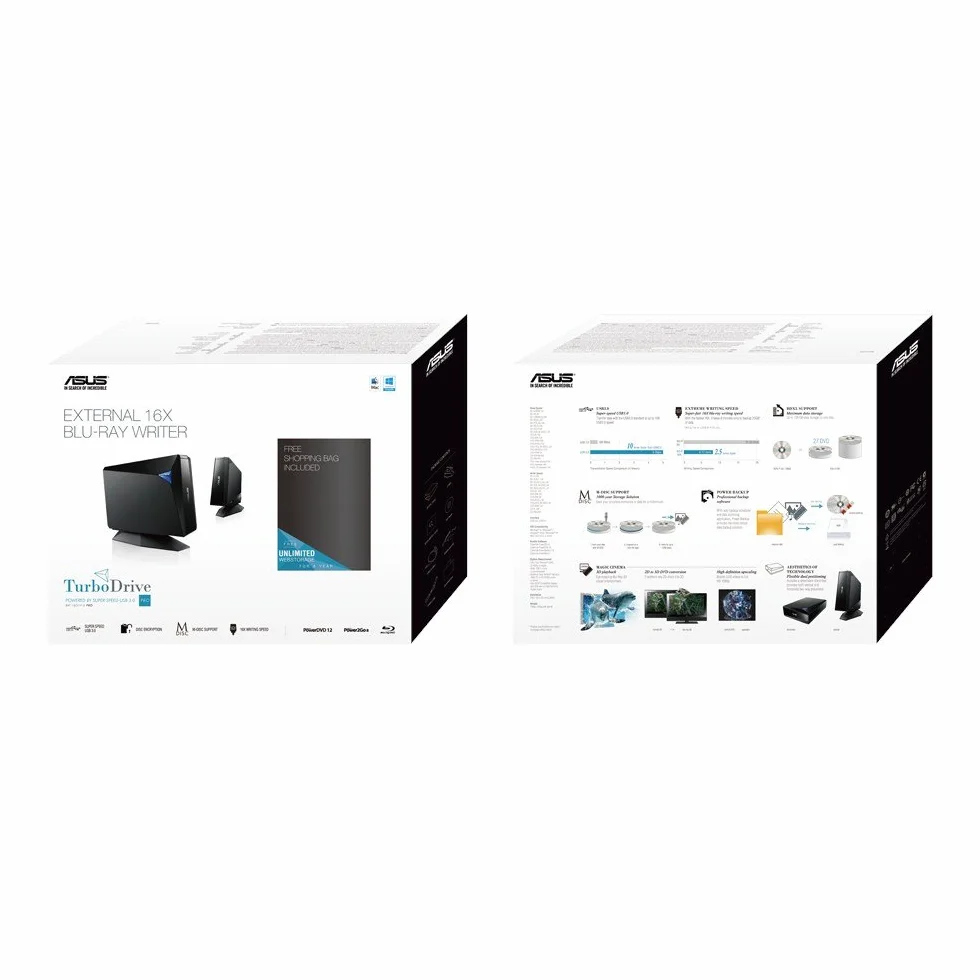 ASUS BW-16D1H-U PRO - Laufwerk - BD-RE - 16x2x12x - SuperSpeed USB3.0 - extern - Schwarz (90DD01L0-M69000)