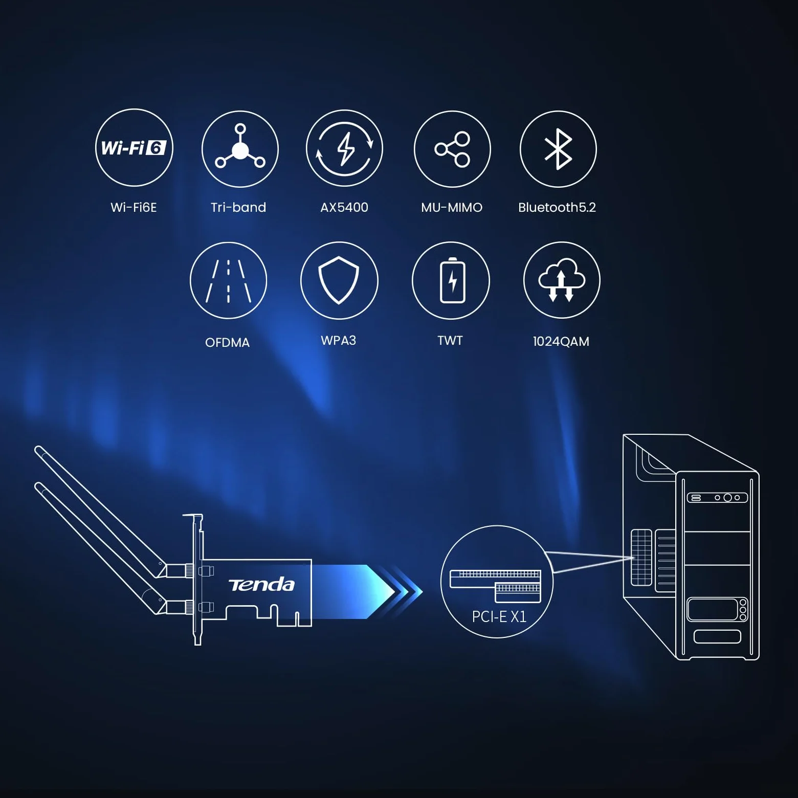 Tenda AX5400 PCIe Scheda di rete Intel WiFi 6E AX210 - Scheda WiFi PCI Express Bluetooth 5.2 con 2 antenne - Scheda wireless a tre bande per il gioco su desktop/PC - Supporta Windows 10/11 (E33)