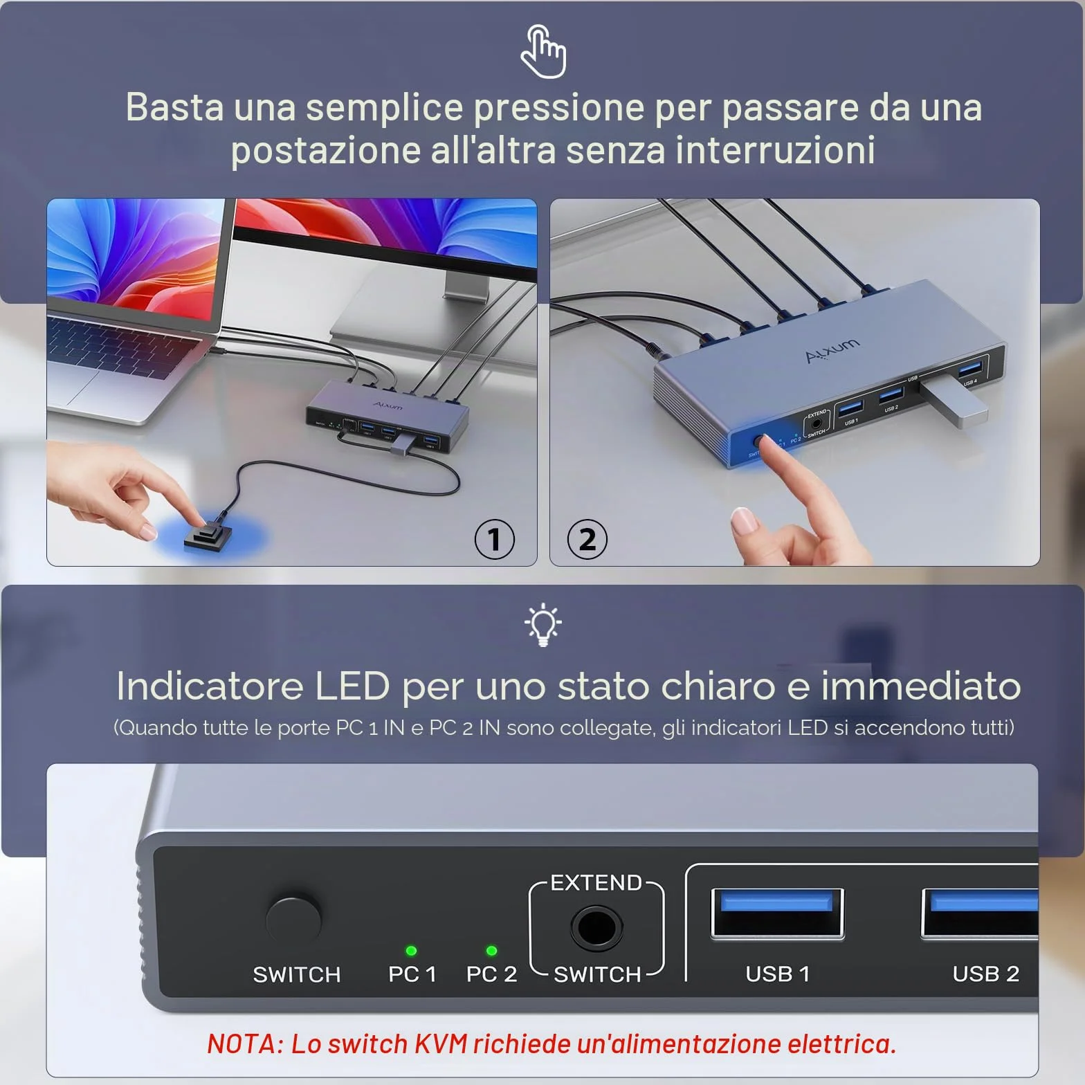 Alxum USB HDMI 2 PC KVM switch 1 monitor che supporta 4K60HZ, due computer per condividere uno schermo con quattro porte USB, tra cui controller desktop, 2 cavi USB e adattatore di alimentazione